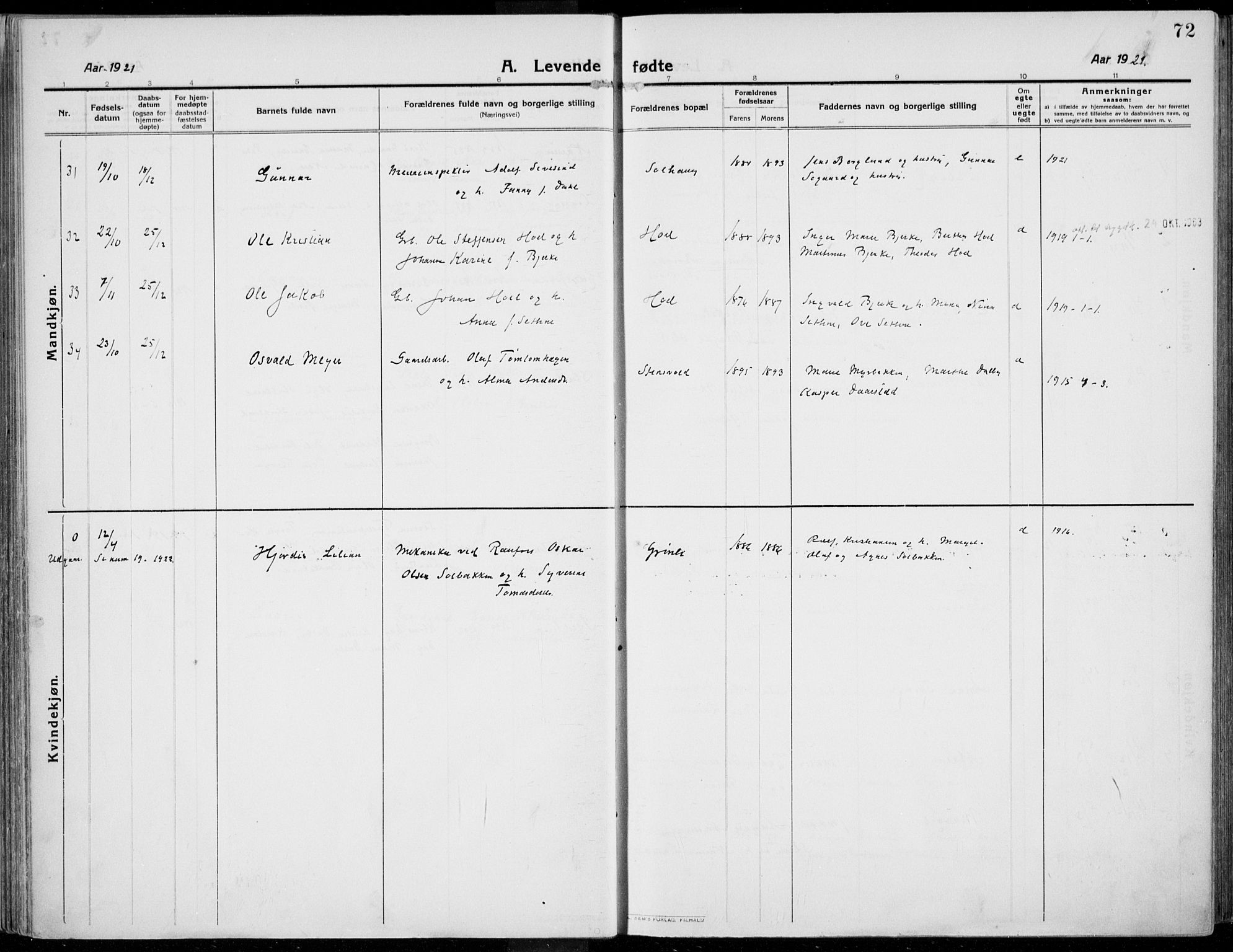 Kolbu prestekontor, SAH/PREST-110/H/Ha/Haa/L0002: Parish register (official) no. 2, 1912-1926, p. 72