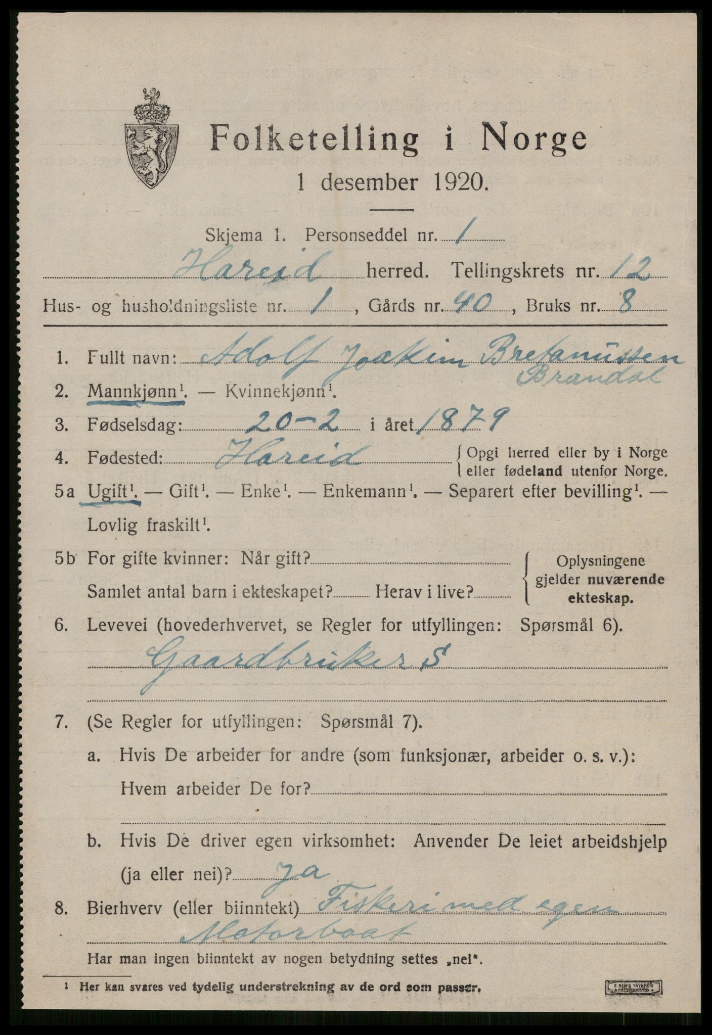 SAT, 1920 census for Hareid, 1920, p. 4593