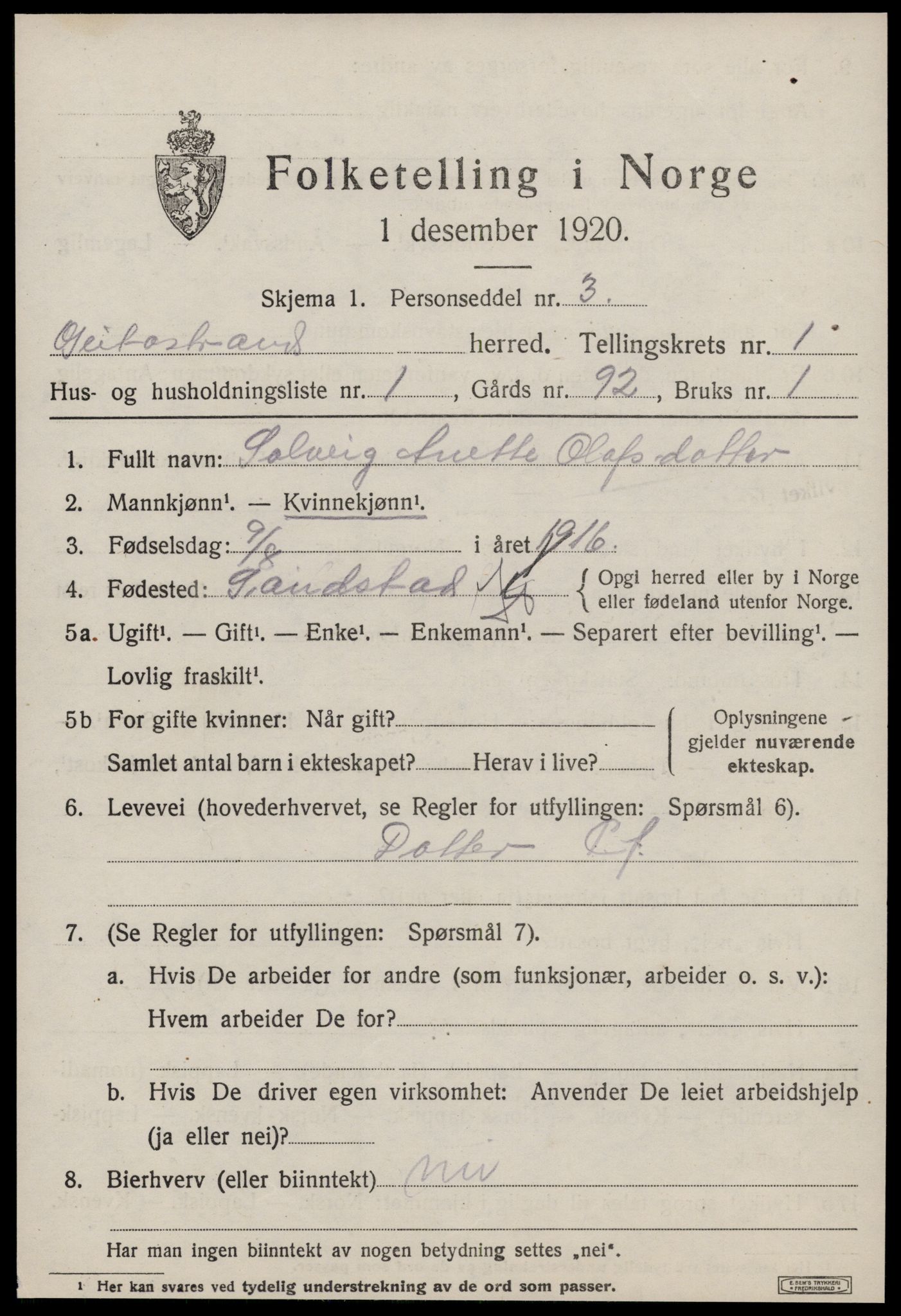 SAT, 1920 census for Geitastrand, 1920, p. 243