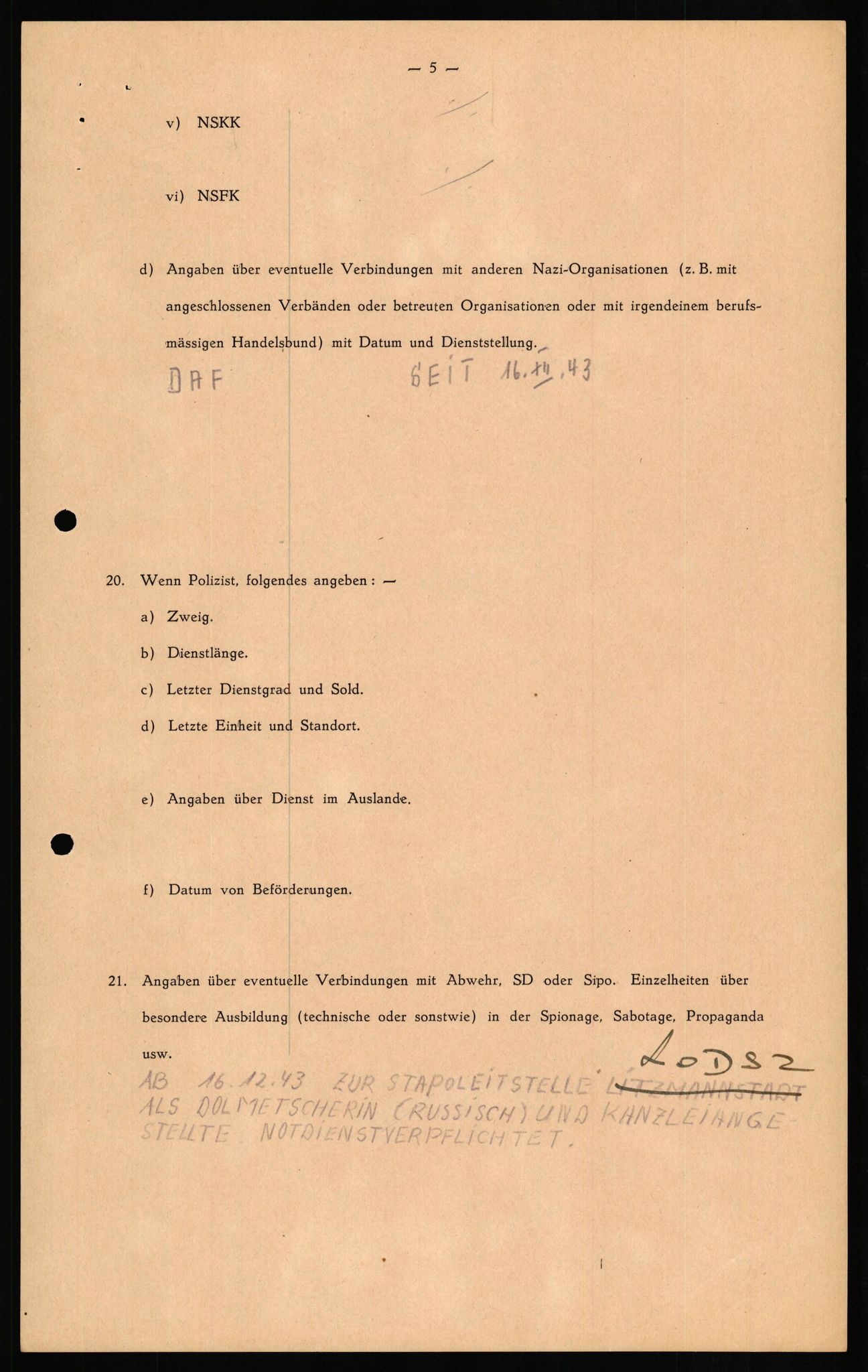 Forsvaret, Forsvarets overkommando II, RA/RAFA-3915/D/Db/L0020: CI Questionaires. Tyske okkupasjonsstyrker i Norge. Tyskere., 1945-1946, p. 112