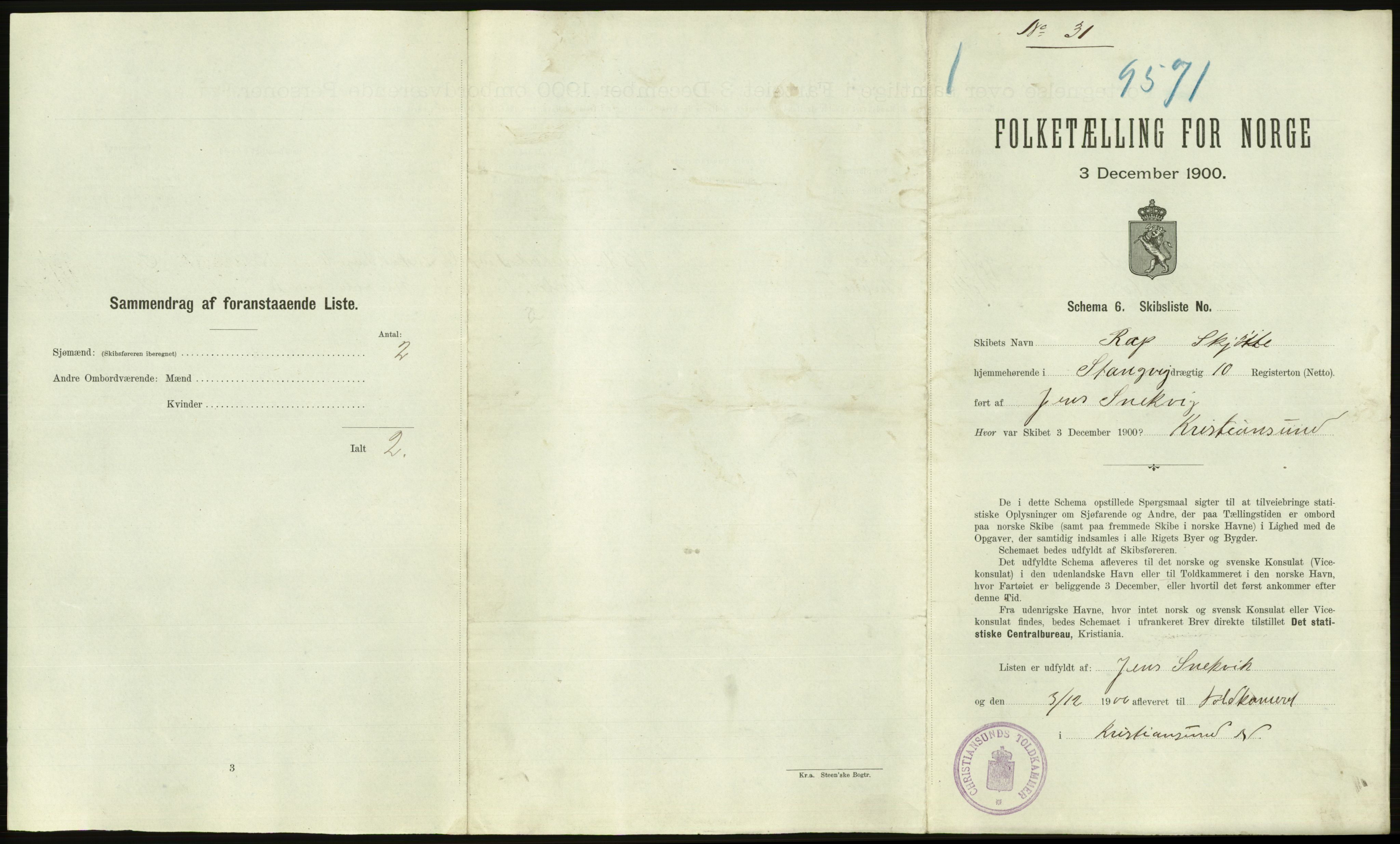 RA, 1900 Census - ship lists from ships in Norwegian harbours, harbours abroad and at sea, 1900, p. 2183