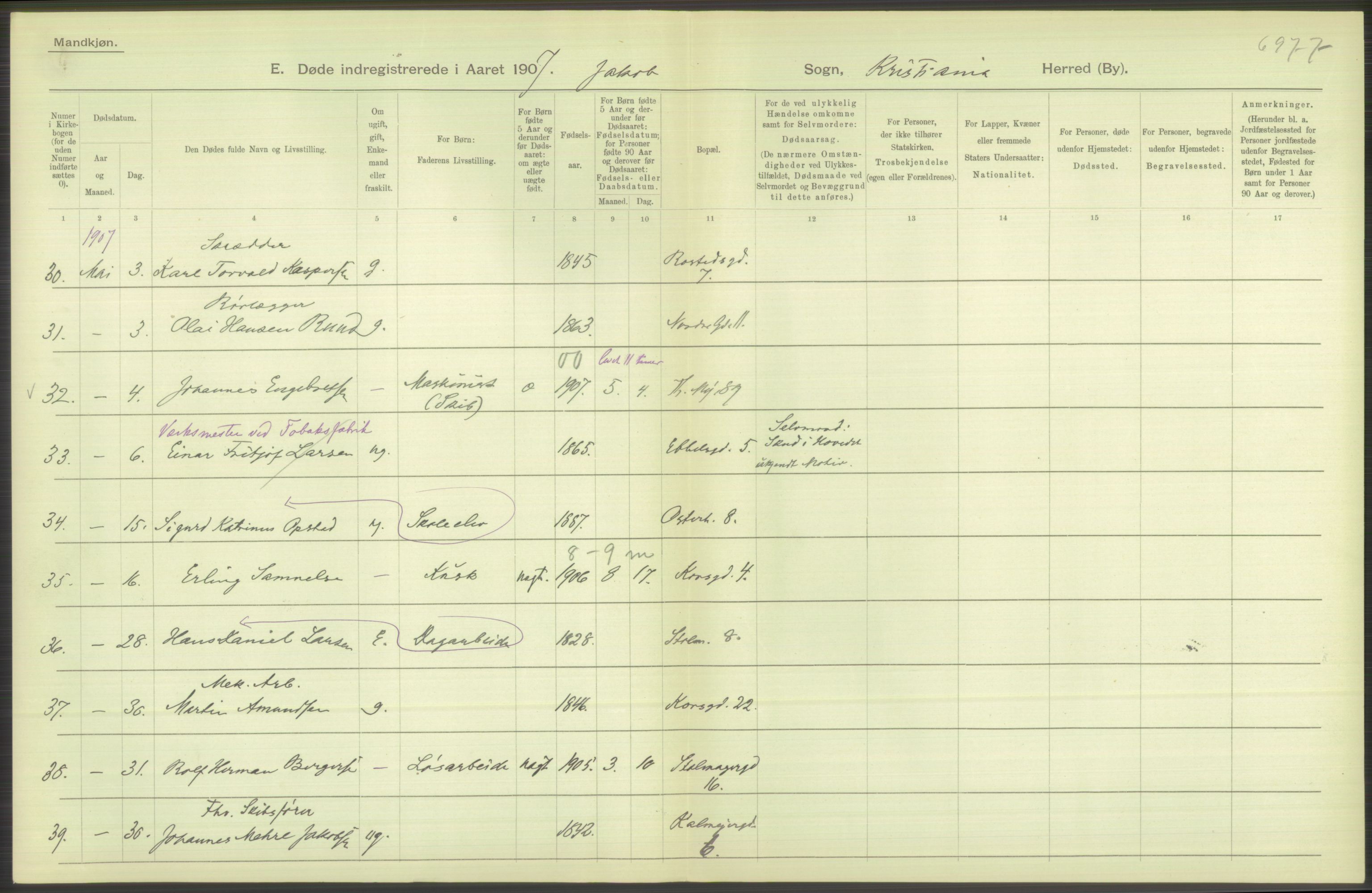 Statistisk sentralbyrå, Sosiodemografiske emner, Befolkning, AV/RA-S-2228/D/Df/Dfa/Dfae/L0010: Kristiania: Døde, dødfødte, 1907, p. 326