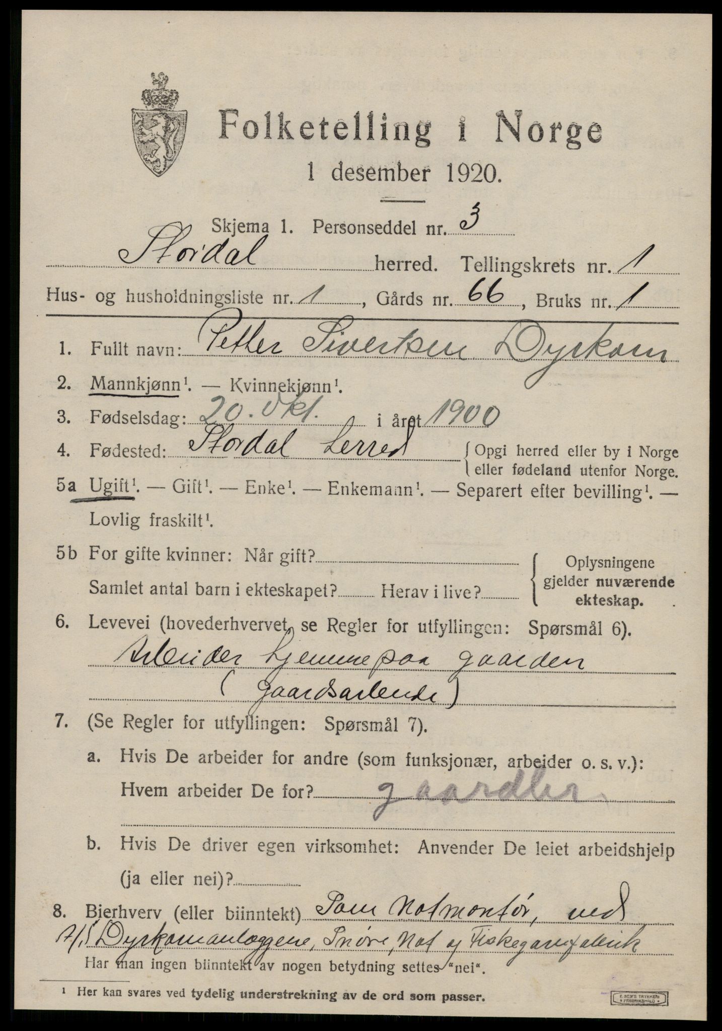 SAT, 1920 census for Stordal, 1920, p. 366