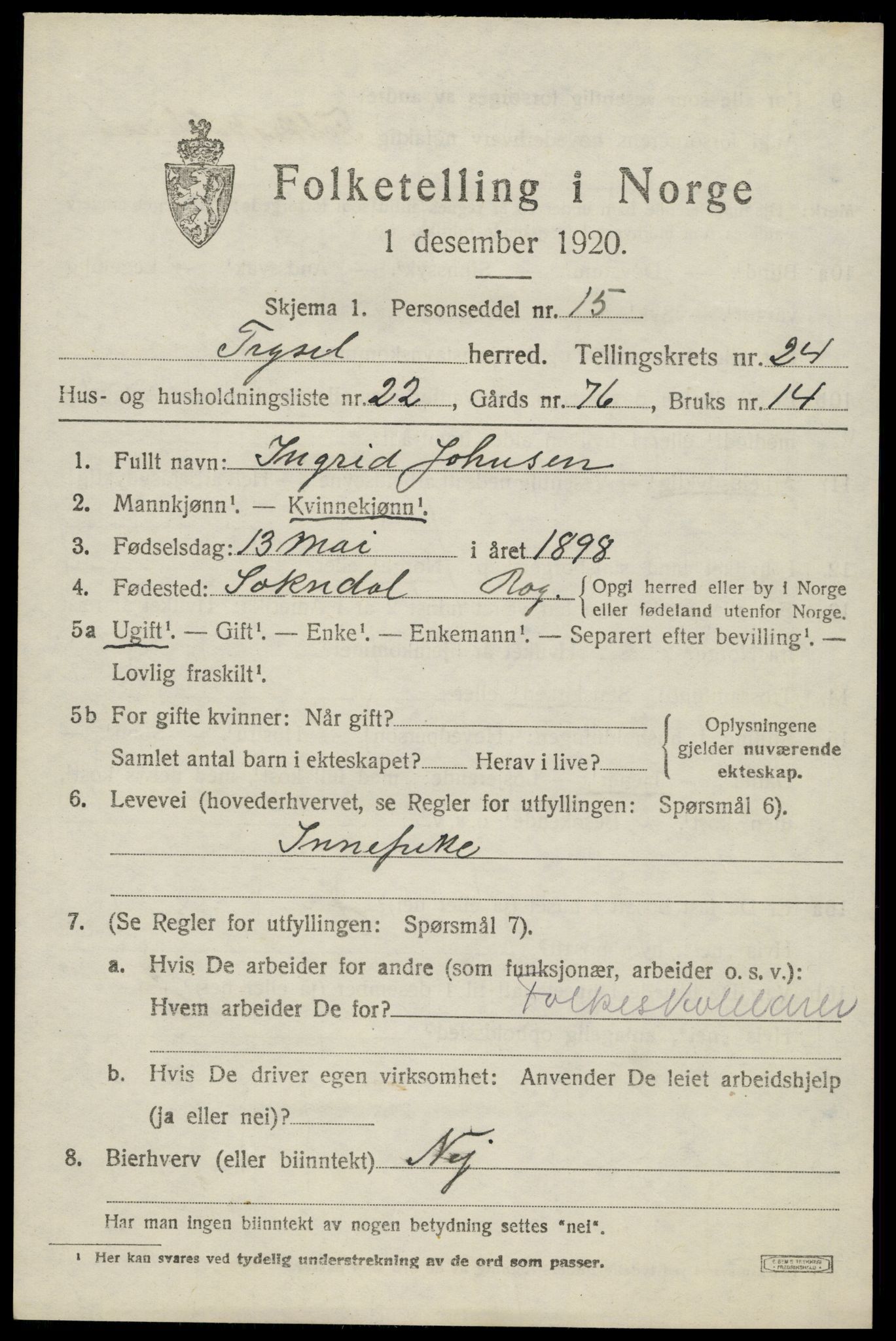 SAH, 1920 census for Trysil, 1920, p. 15495