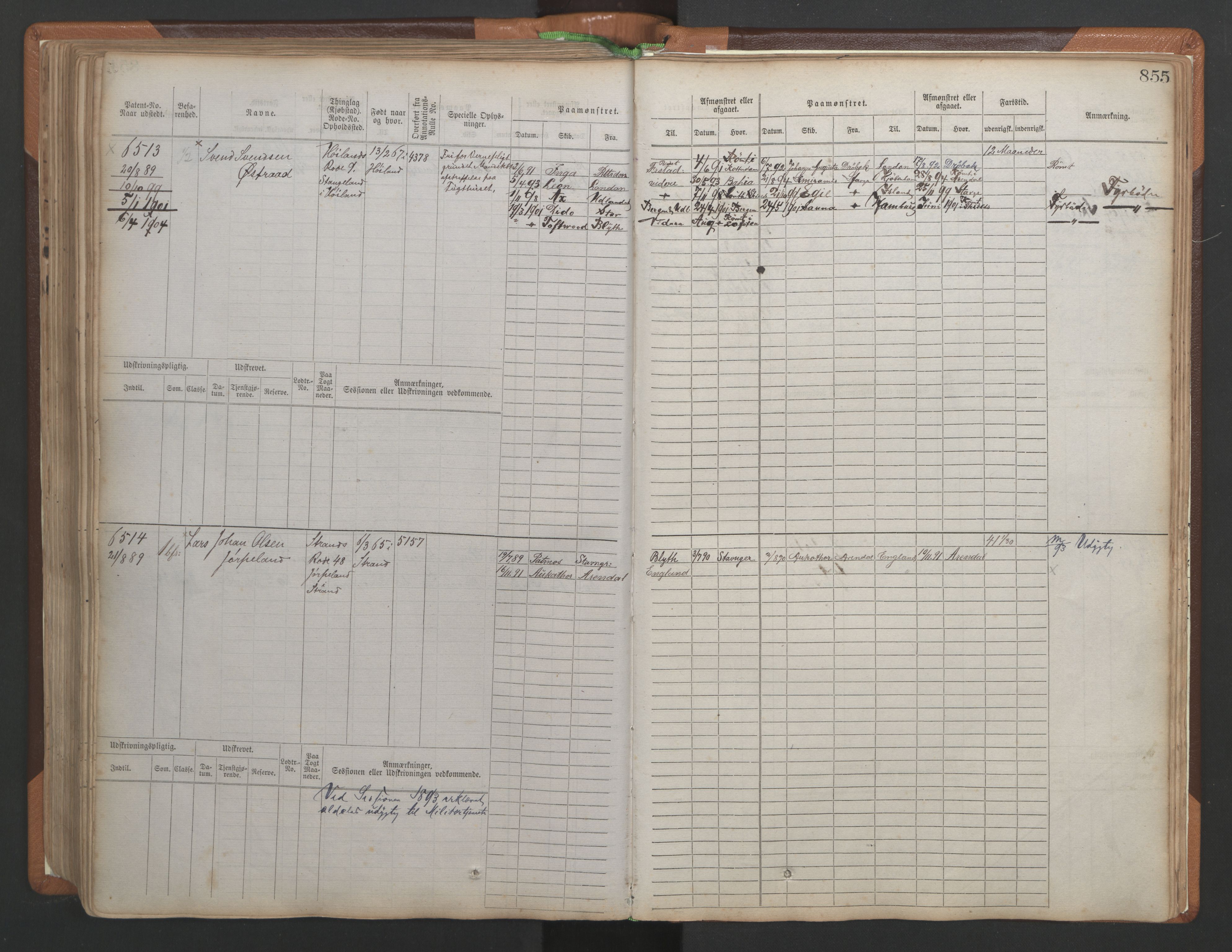 Stavanger sjømannskontor, AV/SAST-A-102006/F/Fb/Fbb/L0010: Sjøfartshovedrulle, patentnr. 6007-6606 (del 1), 1887-1896, p. 259