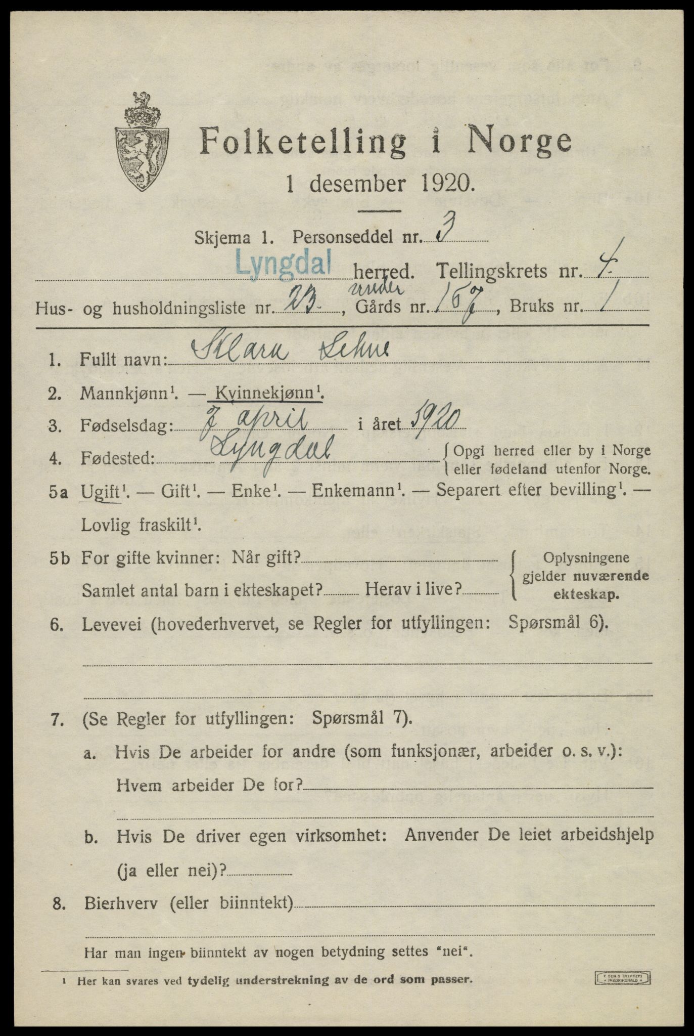 SAK, 1920 census for Lyngdal, 1920, p. 2589