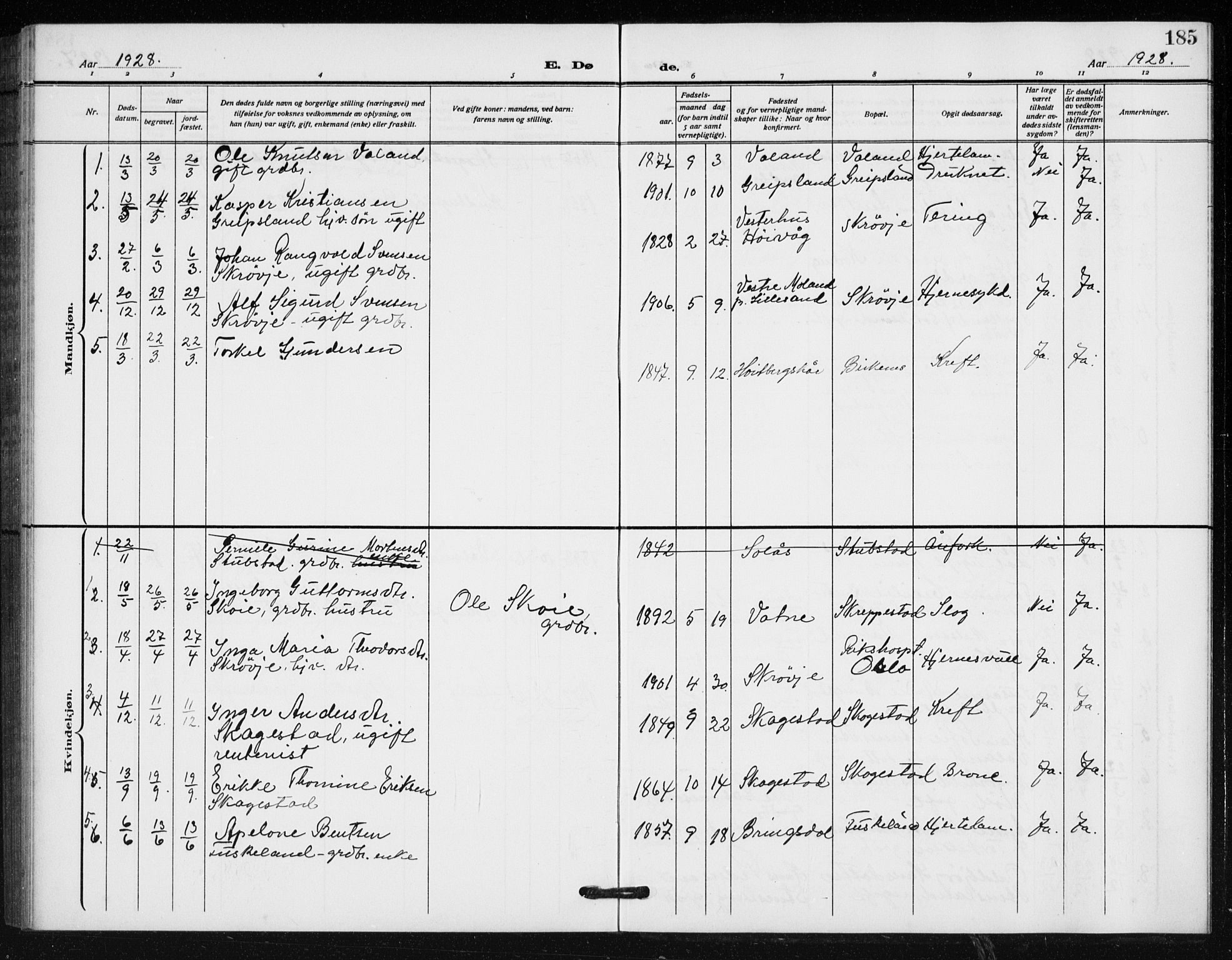 Holum sokneprestkontor, SAK/1111-0022/F/Fb/Fba/L0006: Parish register (copy) no. B 6, 1910-1936, p. 185