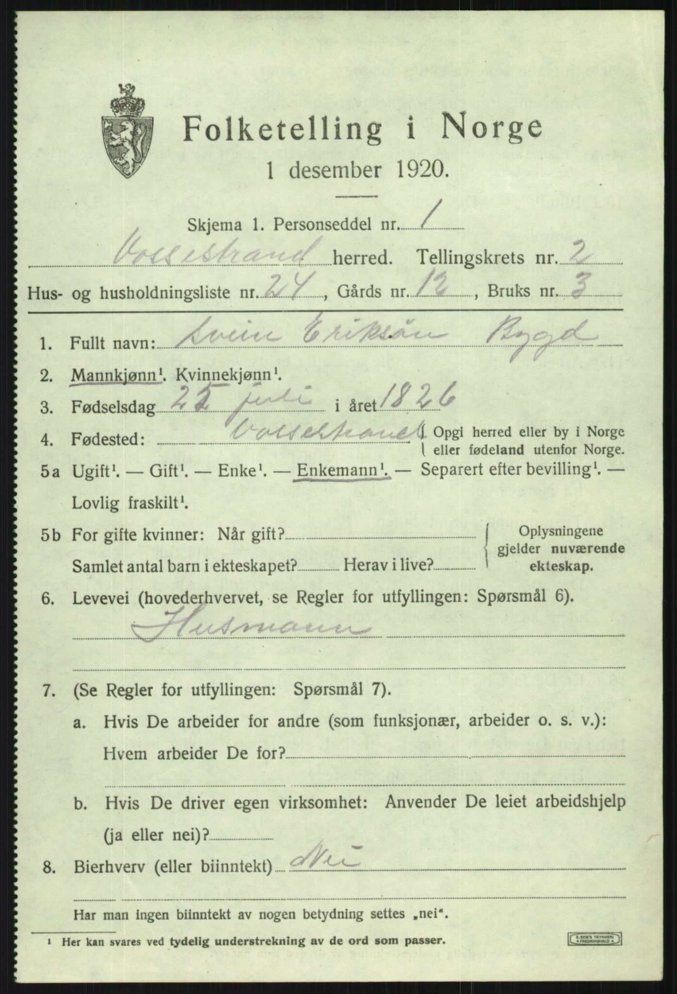 SAB, 1920 census for Vossestrand, 1920, p. 1418