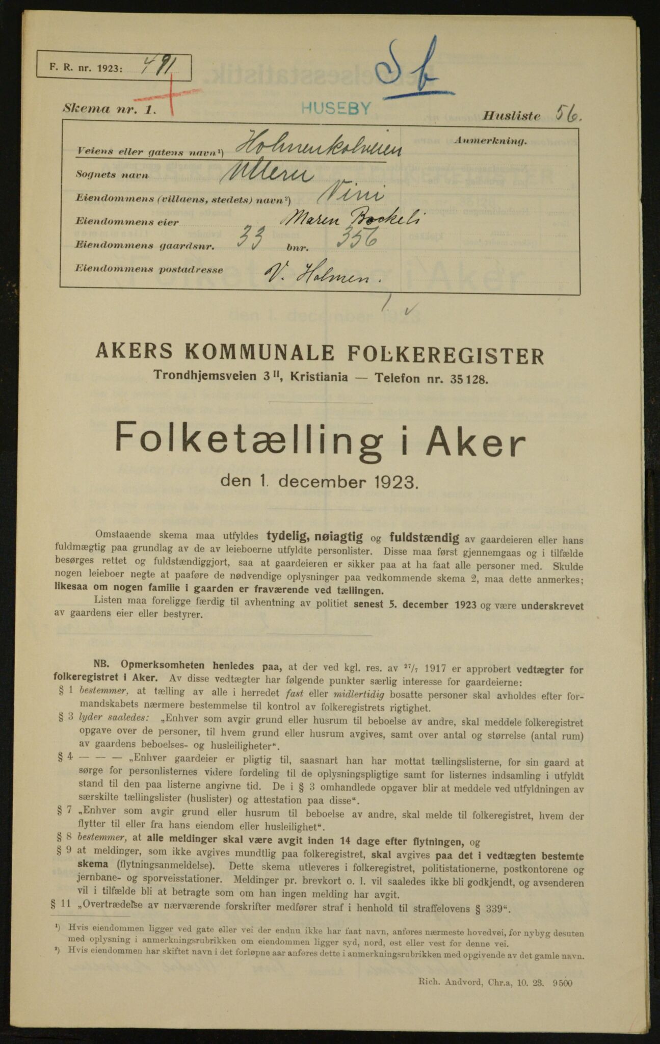 , Municipal Census 1923 for Aker, 1923, p. 2967