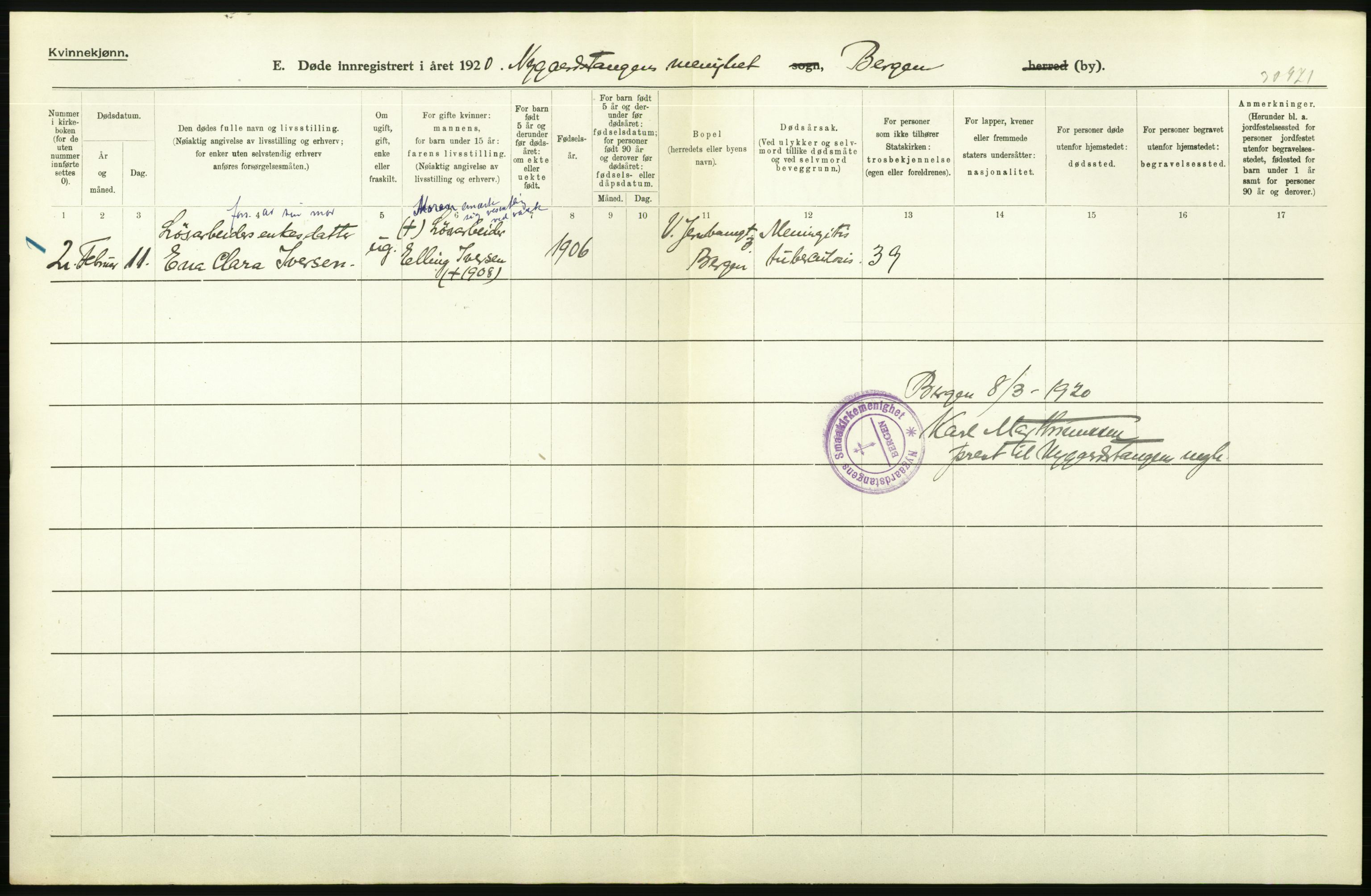 Statistisk sentralbyrå, Sosiodemografiske emner, Befolkning, AV/RA-S-2228/D/Df/Dfb/Dfbj/L0042: Bergen: Gifte, døde, dødfødte., 1920, p. 290