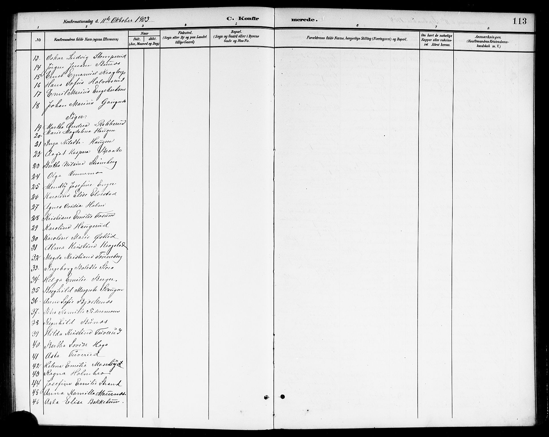 Høland prestekontor Kirkebøker, SAO/A-10346a/G/Gb/L0001: Parish register (copy) no. II 1, 1902-1919, p. 113
