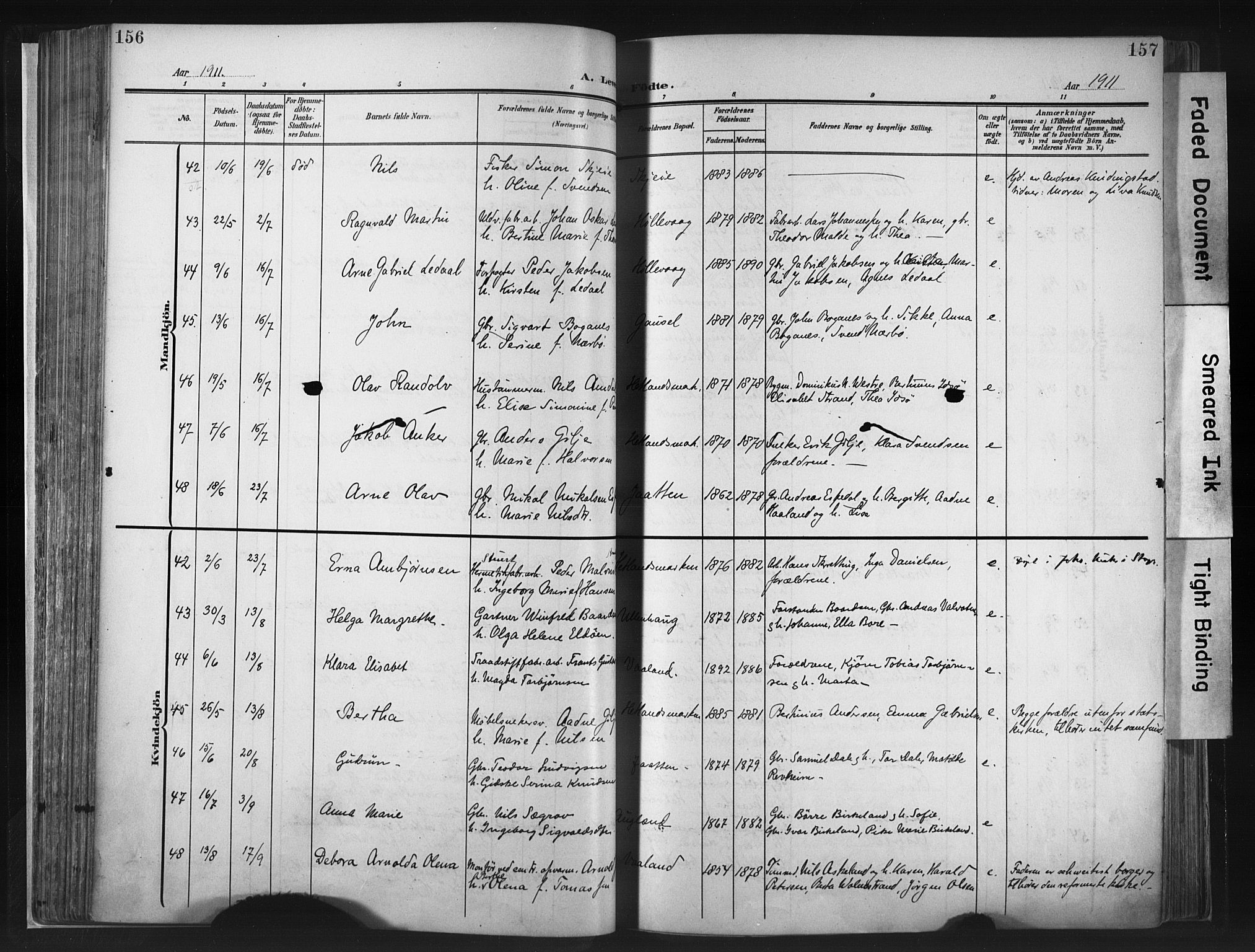 Hetland sokneprestkontor, AV/SAST-A-101826/30/30BA/L0013: Parish register (official) no. A 13, 1904-1918, p. 156-157