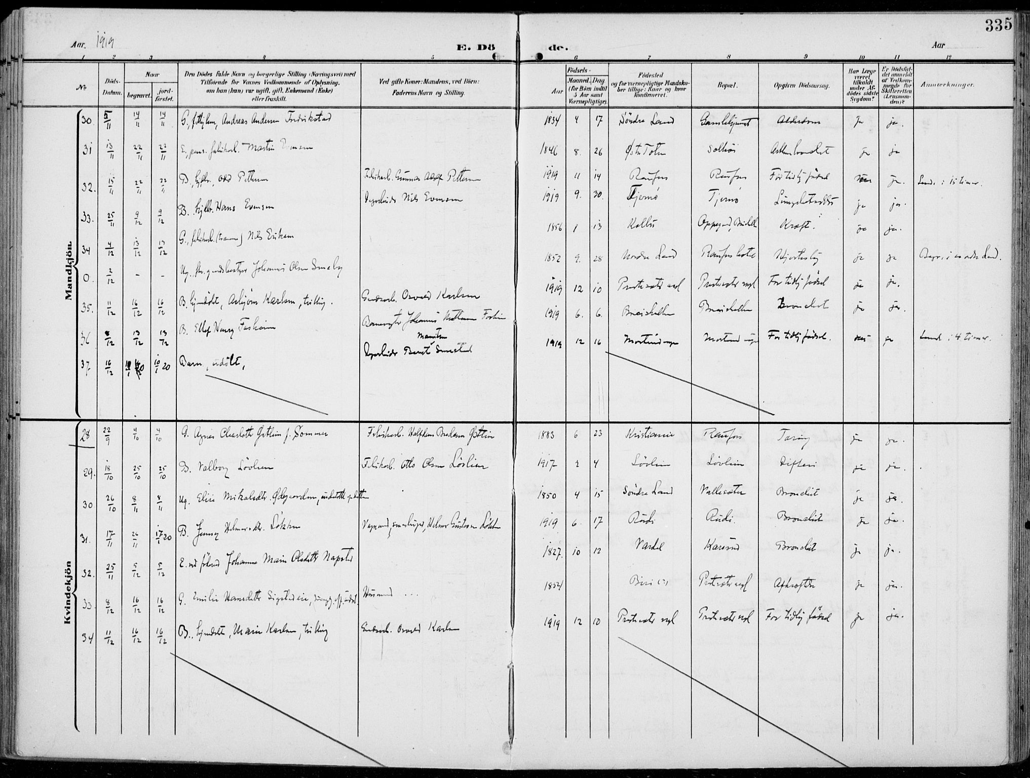 Vestre Toten prestekontor, AV/SAH-PREST-108/H/Ha/Haa/L0014: Parish register (official) no. 14, 1907-1920, p. 335