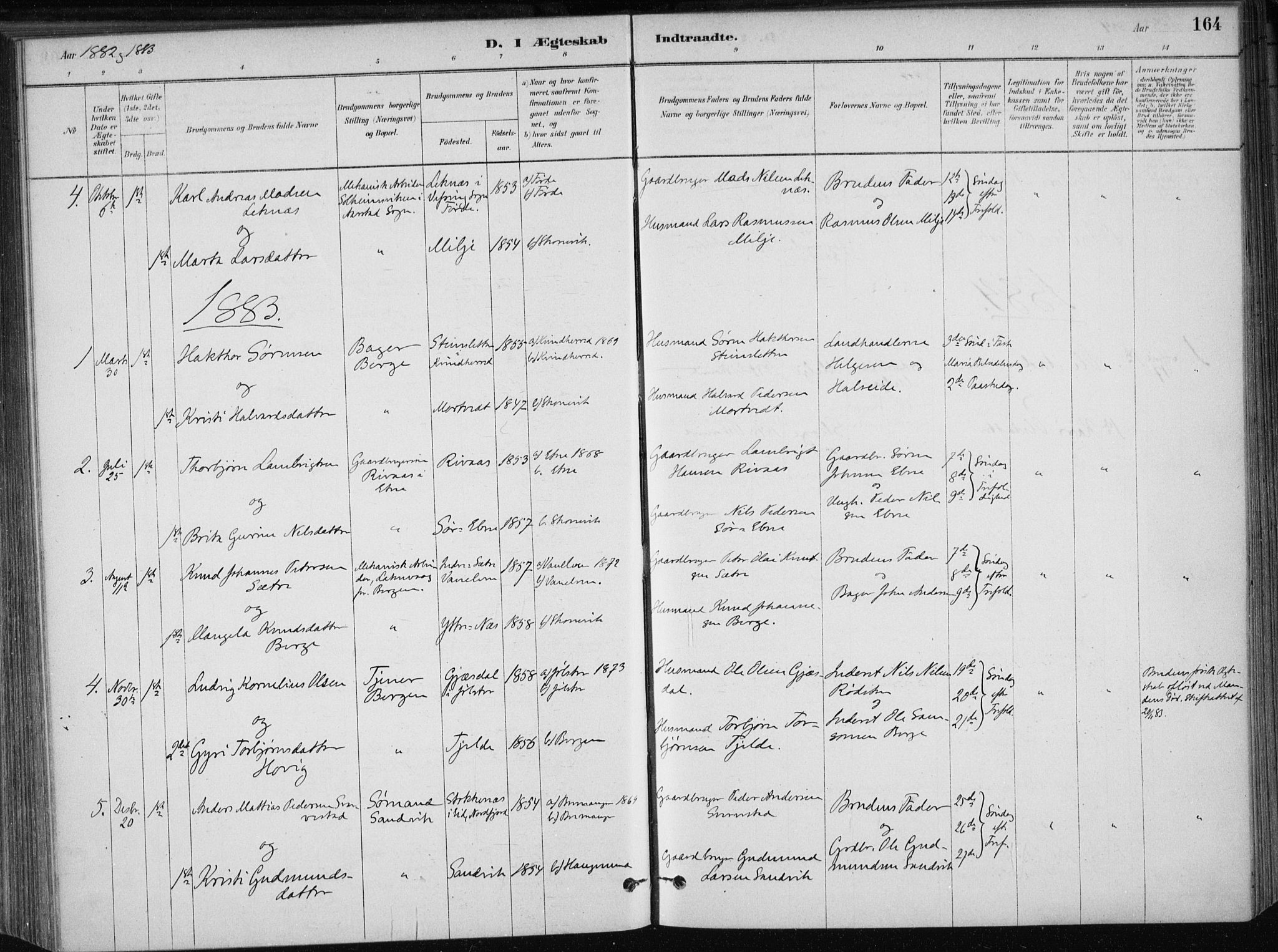 Skånevik sokneprestembete, AV/SAB-A-77801/H/Haa: Parish register (official) no. B 1, 1879-1914, p. 164