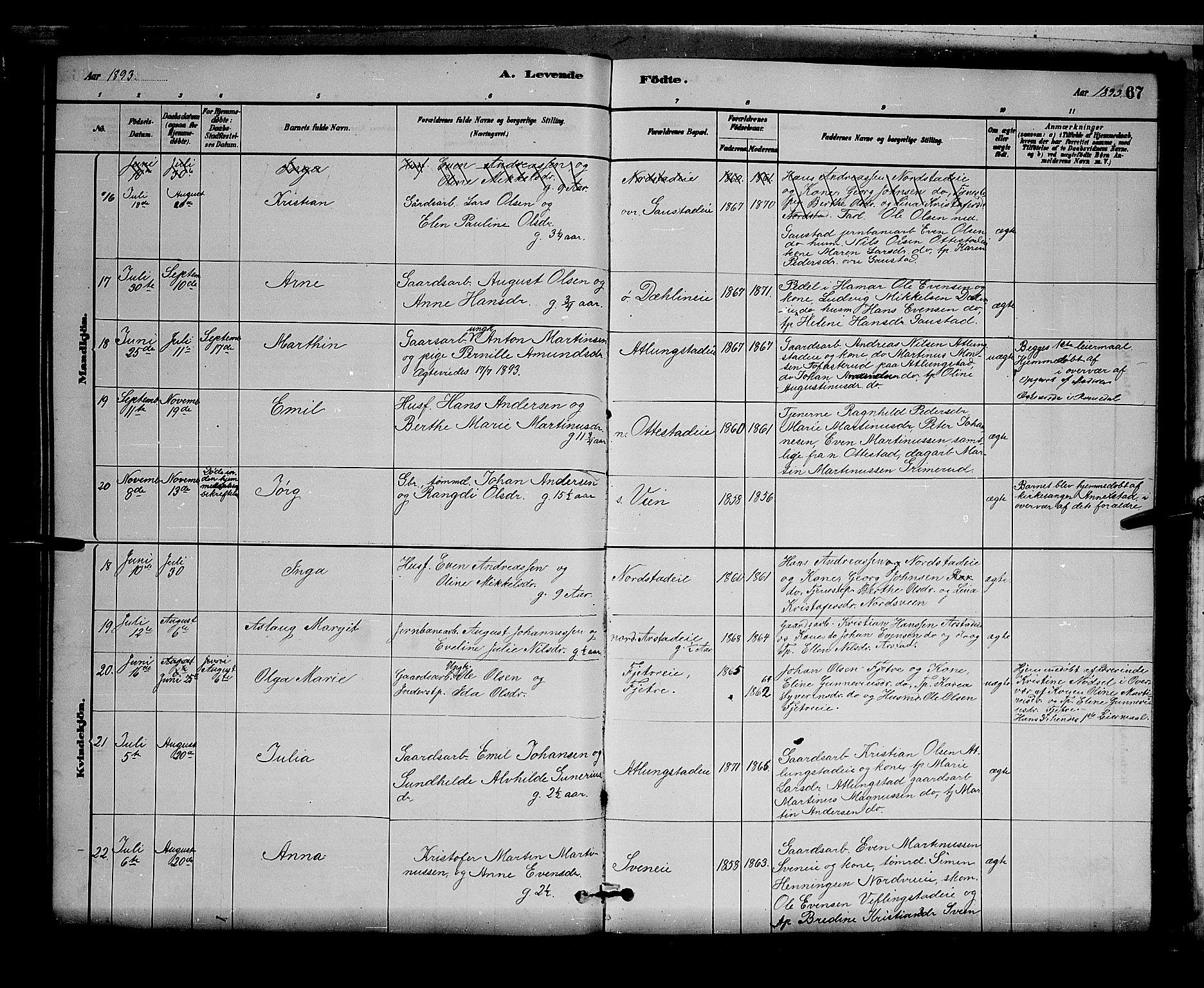 Stange prestekontor, AV/SAH-PREST-002/L/L0007: Parish register (copy) no. 7, 1880-1893, p. 67