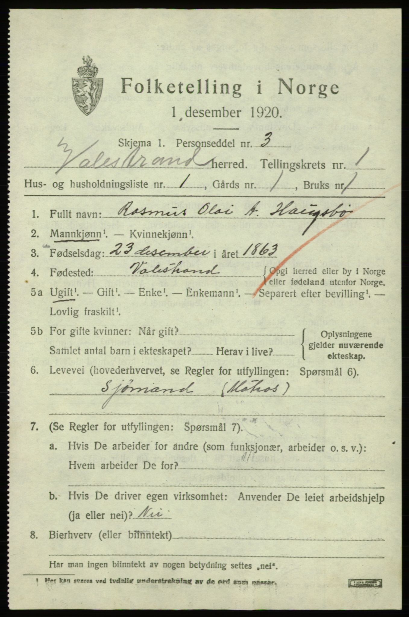 SAB, 1920 census for Valestrand, 1920, p. 471