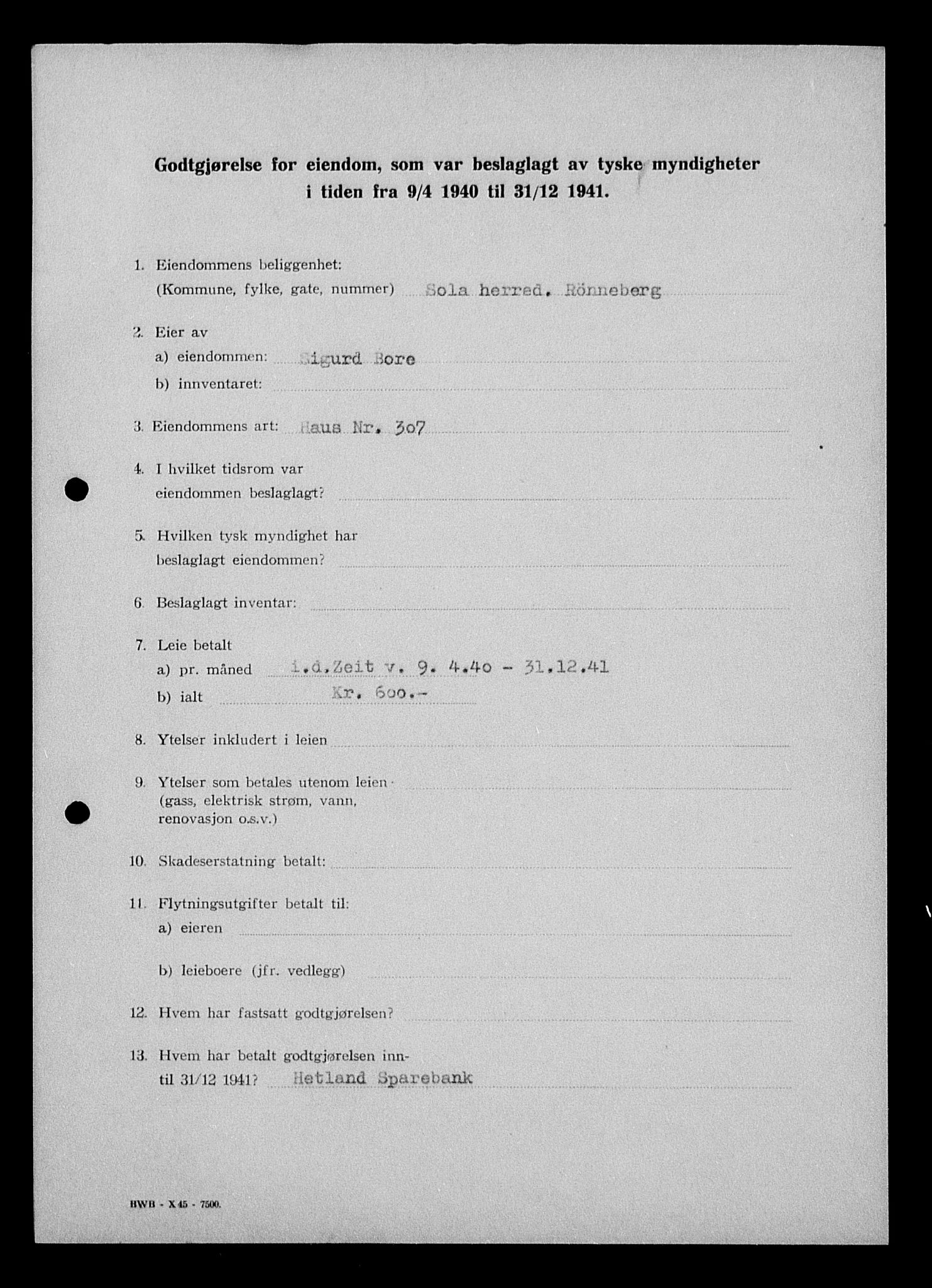 Justisdepartementet, Tilbakeføringskontoret for inndratte formuer, AV/RA-S-1564/I/L1014: Godtgjørelse for beslaglagt eiendom, 1940-1941, p. 200