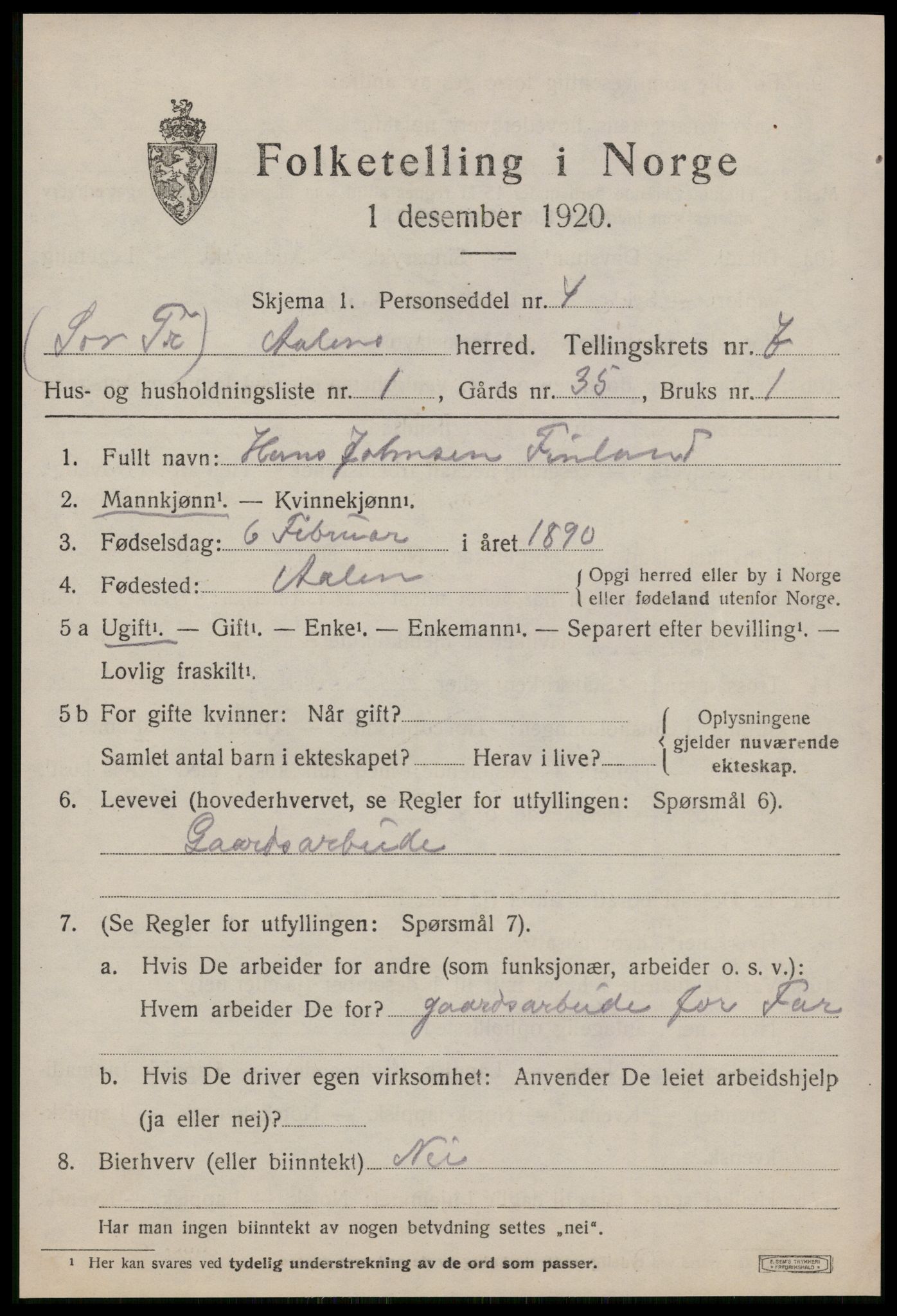 SAT, 1920 census for Ålen, 1920, p. 3374