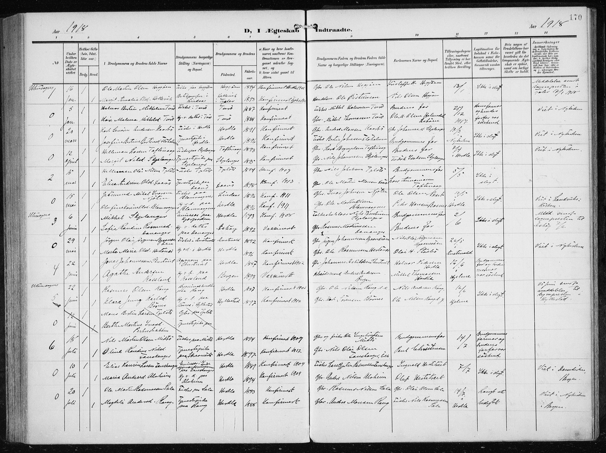 Herdla Sokneprestembete, SAB/A-75701/H/Haa: Parish register (official) no. A 5, 1905-1918, p. 170