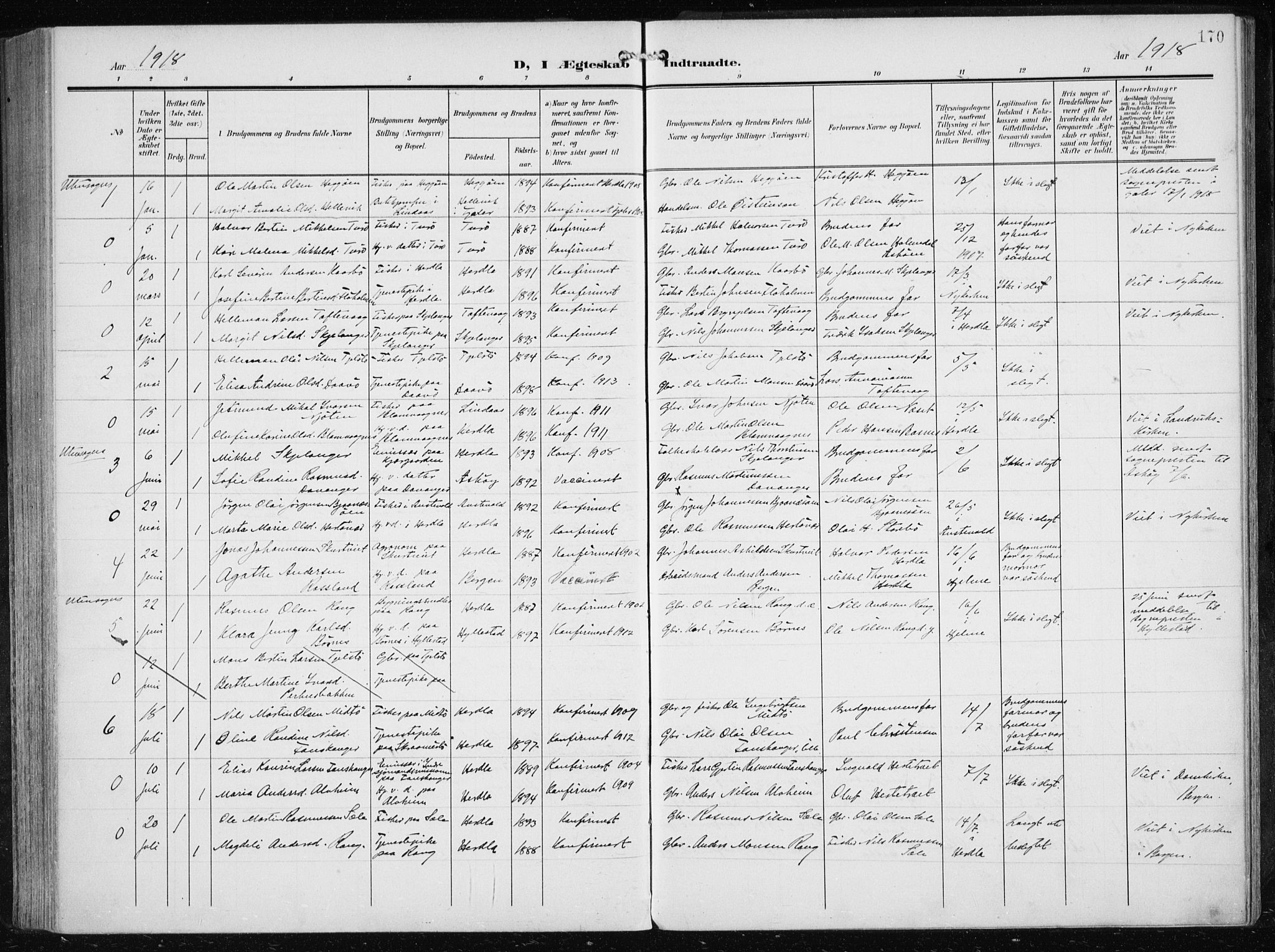 Herdla Sokneprestembete, AV/SAB-A-75701/H/Haa: Parish register (official) no. A 5, 1905-1918, p. 170