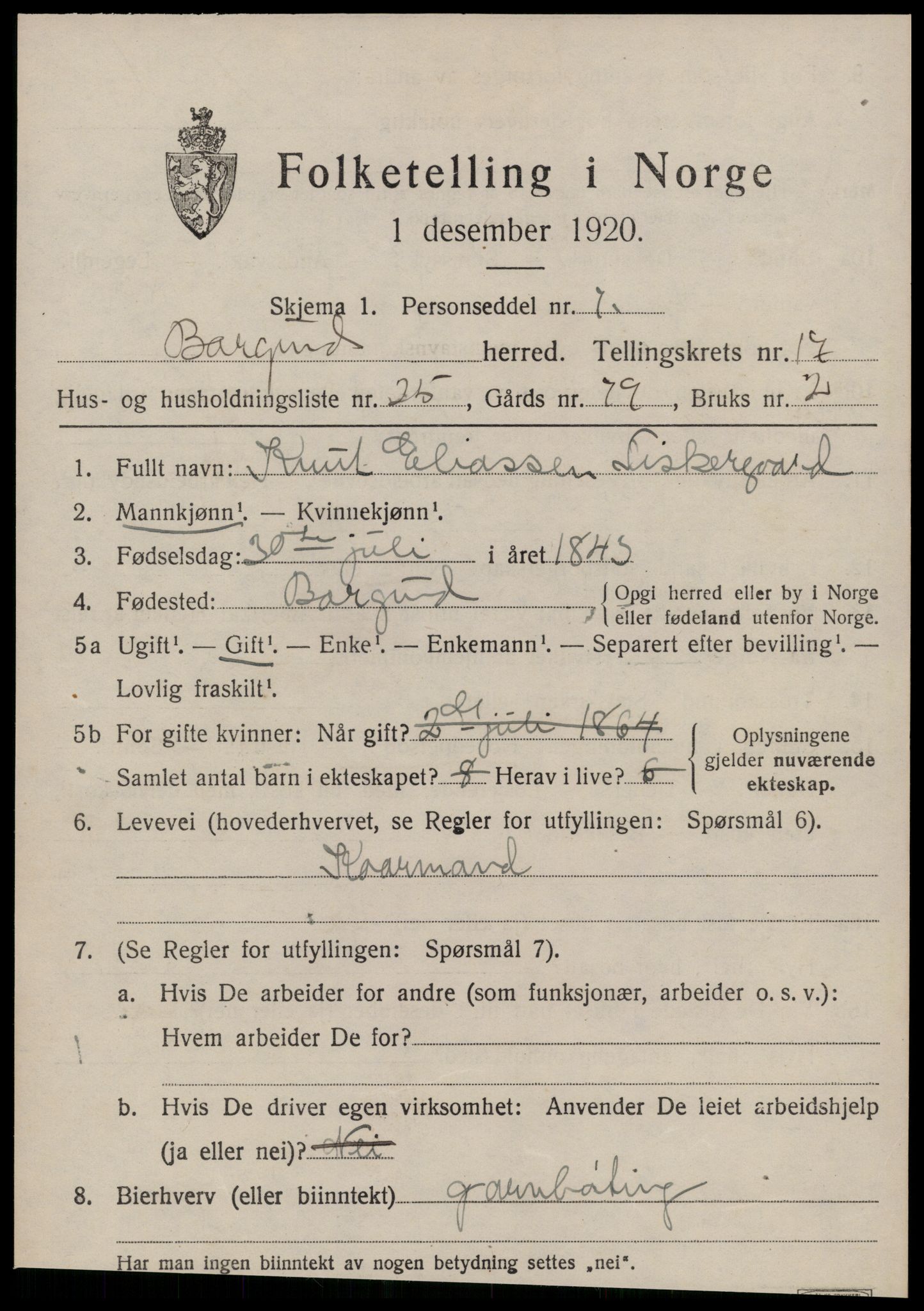 SAT, 1920 census for Borgund, 1920, p. 12916