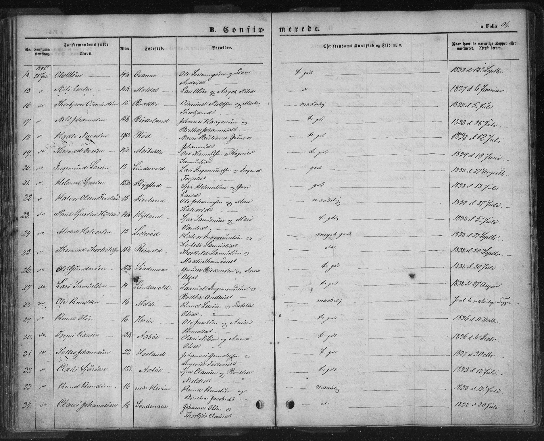 Sand sokneprestkontor, AV/SAST-A-101848/01/III/L0002: Parish register (official) no. A 2, 1838-1859, p. 94