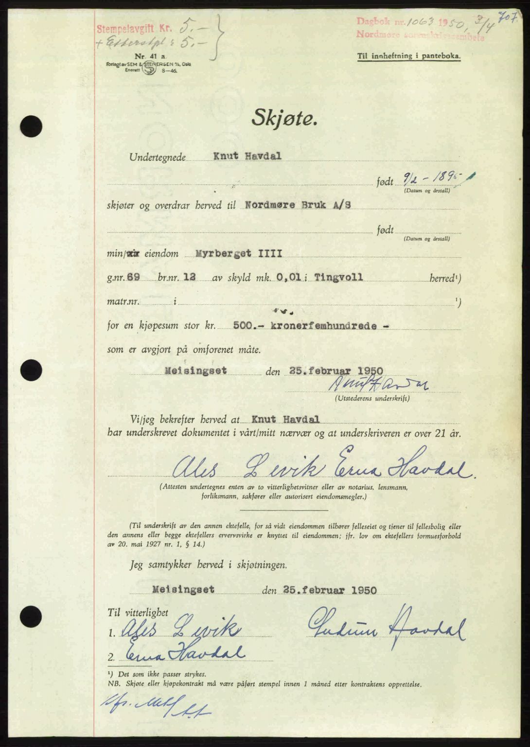 Nordmøre sorenskriveri, AV/SAT-A-4132/1/2/2Ca: Mortgage book no. A114, 1950-1950, Diary no: : 1063/1950