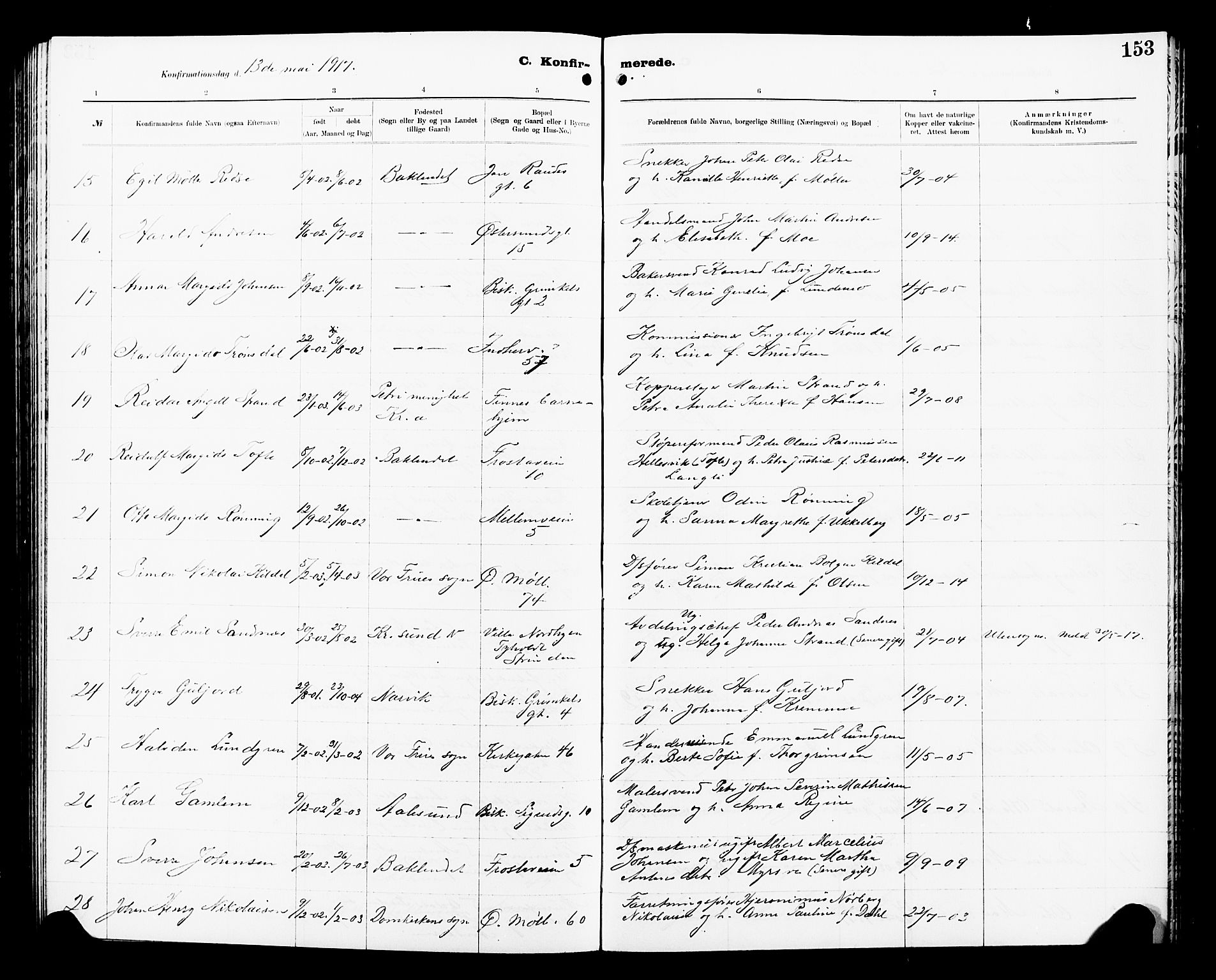 Ministerialprotokoller, klokkerbøker og fødselsregistre - Sør-Trøndelag, SAT/A-1456/605/L0256: Parish register (copy) no. 605C03, 1916-1920, p. 153