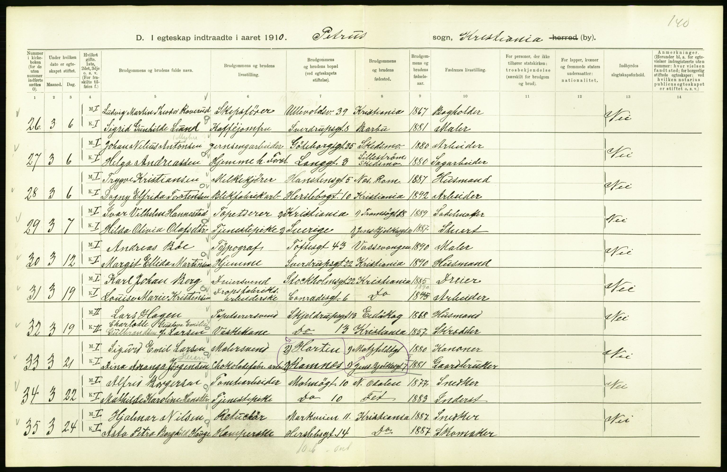 Statistisk sentralbyrå, Sosiodemografiske emner, Befolkning, AV/RA-S-2228/D/Df/Dfa/Dfah/L0009: Kristiania: Gifte og dødfødte., 1910, p. 234