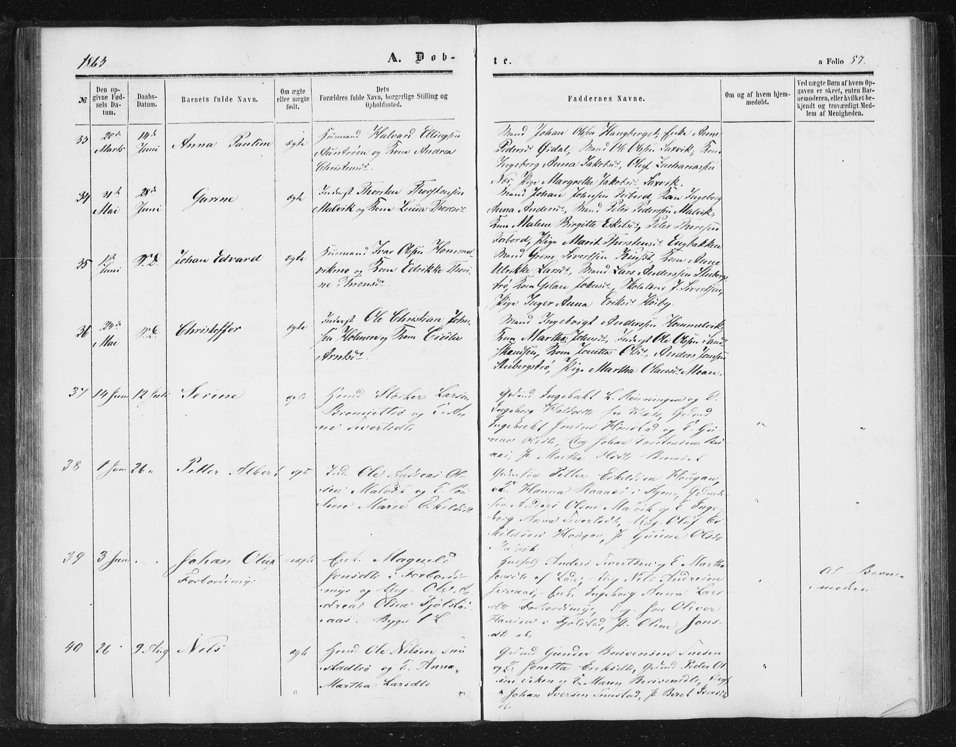 Ministerialprotokoller, klokkerbøker og fødselsregistre - Sør-Trøndelag, SAT/A-1456/616/L0408: Parish register (official) no. 616A05, 1857-1865, p. 57