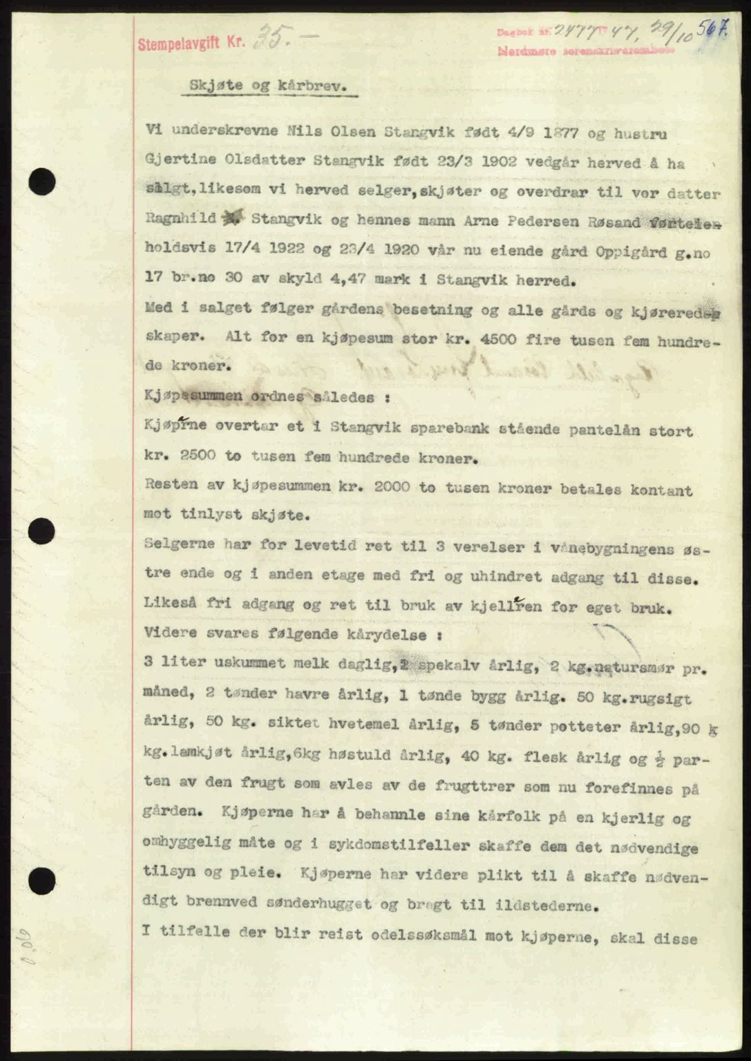 Nordmøre sorenskriveri, AV/SAT-A-4132/1/2/2Ca: Mortgage book no. A106, 1947-1947, Diary no: : 2477/1947