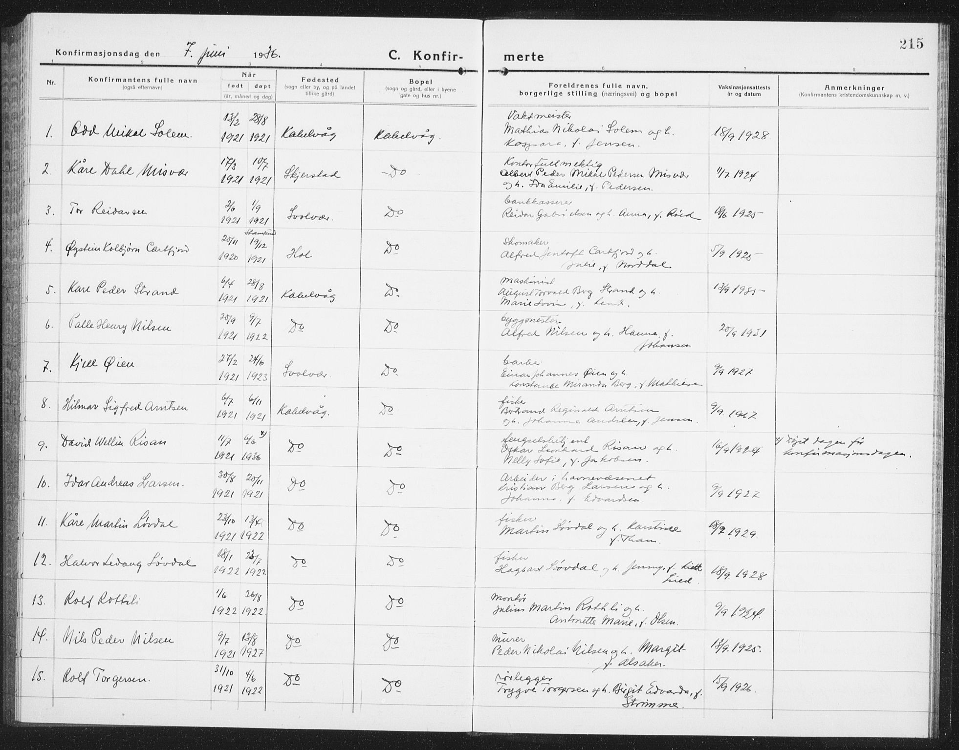 Ministerialprotokoller, klokkerbøker og fødselsregistre - Nordland, SAT/A-1459/874/L1081: Parish register (copy) no. 874C10, 1925-1941, p. 215