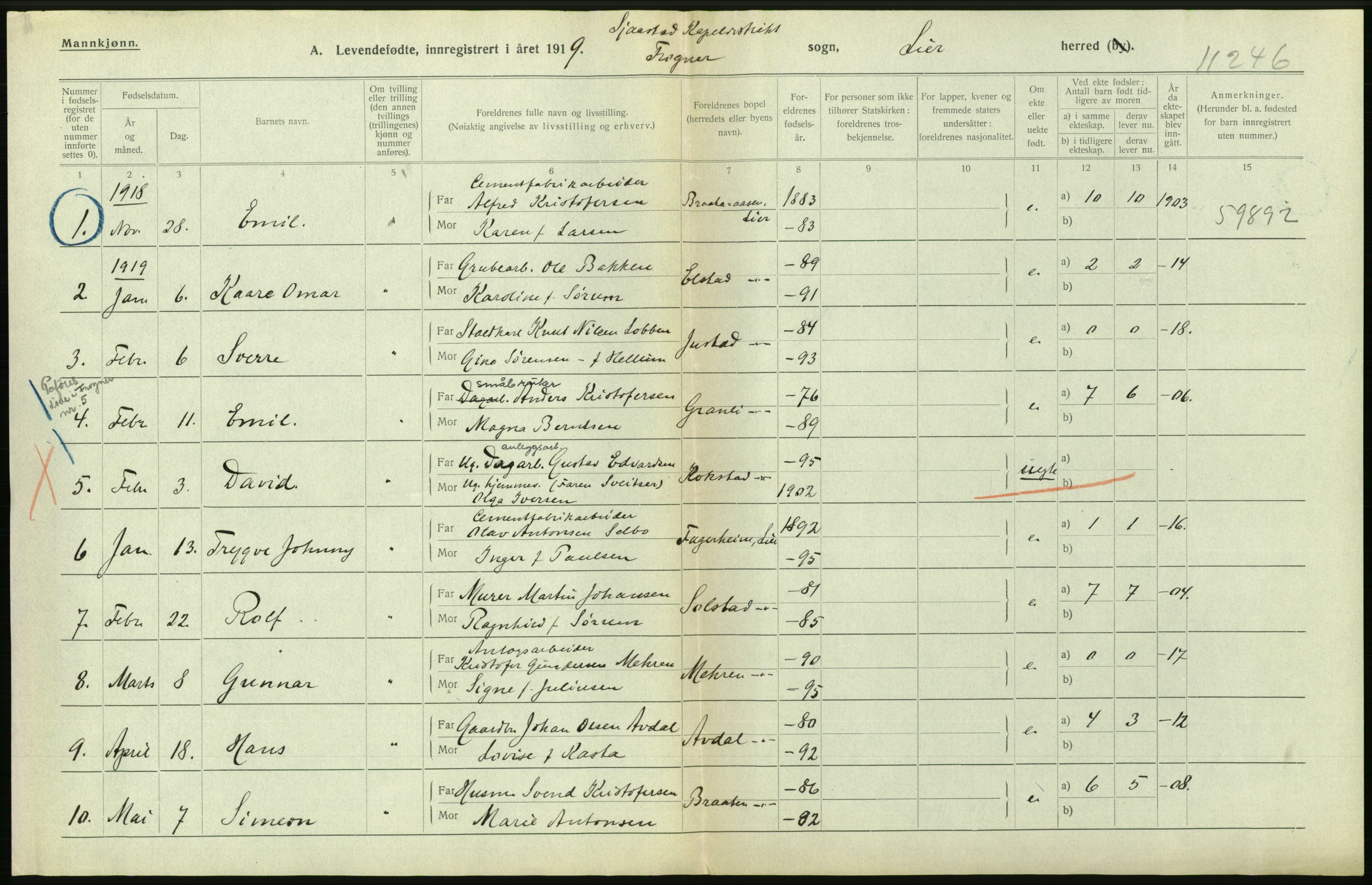 Statistisk sentralbyrå, Sosiodemografiske emner, Befolkning, RA/S-2228/D/Df/Dfb/Dfbi/L0016: Buskerud fylke: Levendefødte menn og kvinner. Bygder., 1919, p. 360