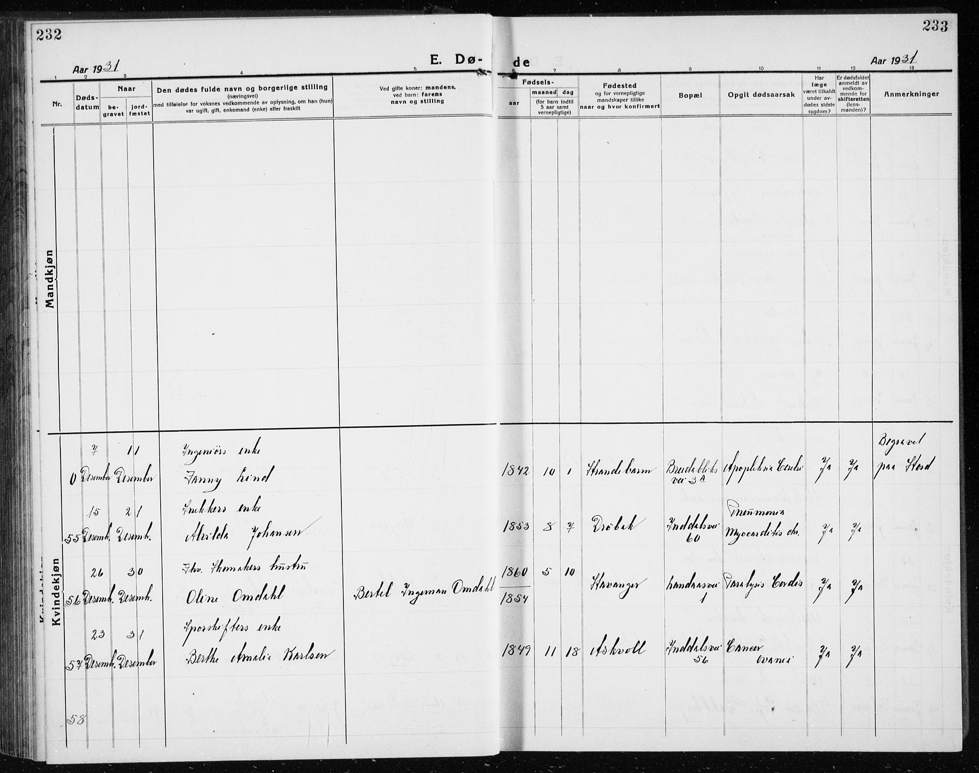 Årstad Sokneprestembete, AV/SAB-A-79301/H/Hab/L0025: Parish register (copy) no. D 2, 1922-1940, p. 232-233