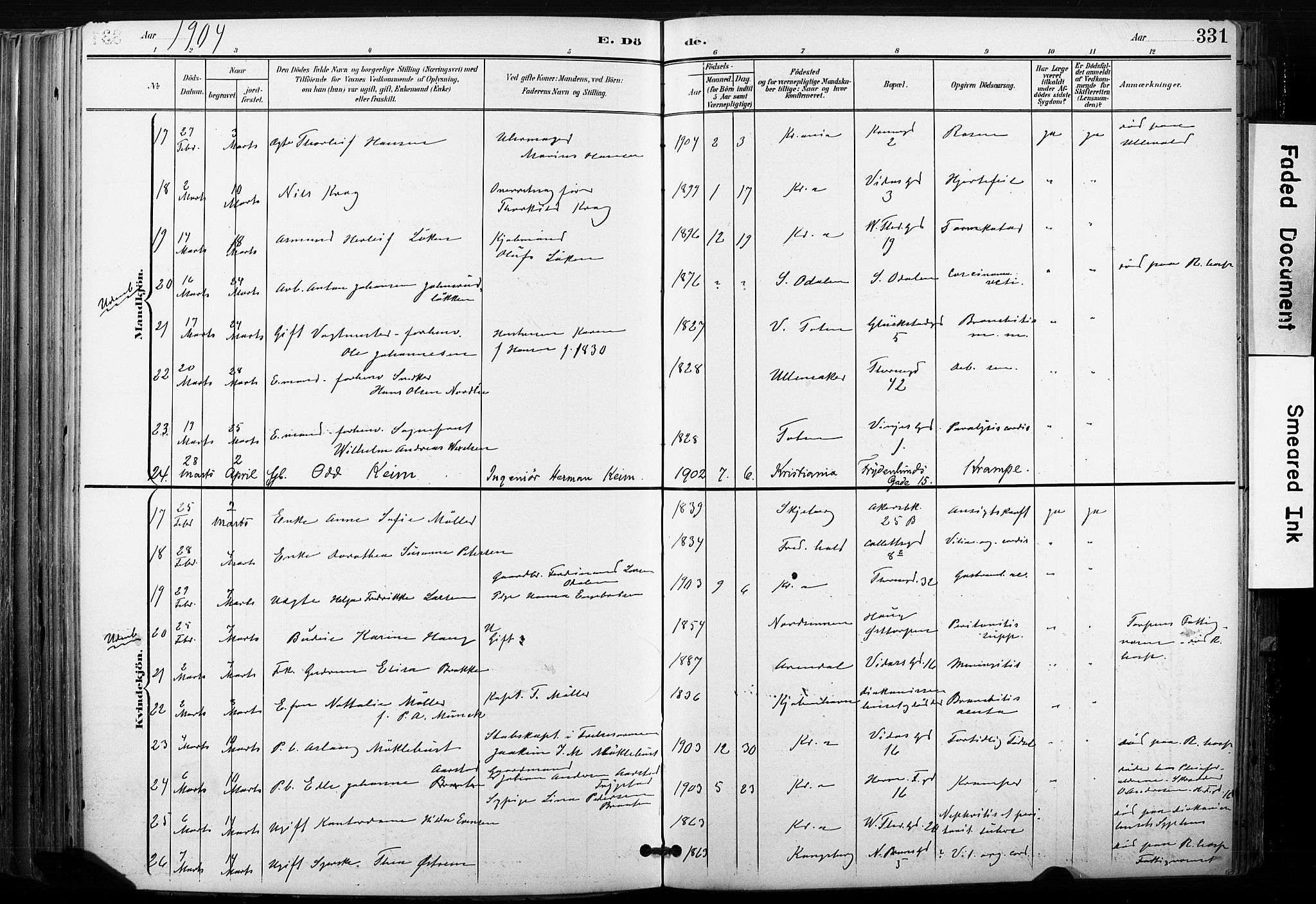 Gamle Aker prestekontor Kirkebøker, AV/SAO-A-10617a/F/L0013: Parish register (official) no. 13, 1901-1908, p. 331