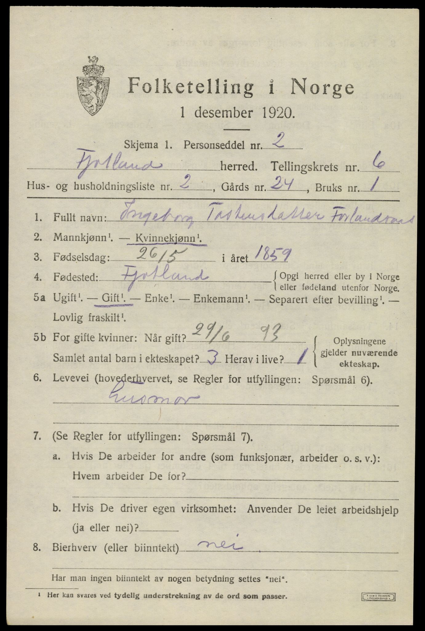 SAK, 1920 census for Fjotland, 1920, p. 1620