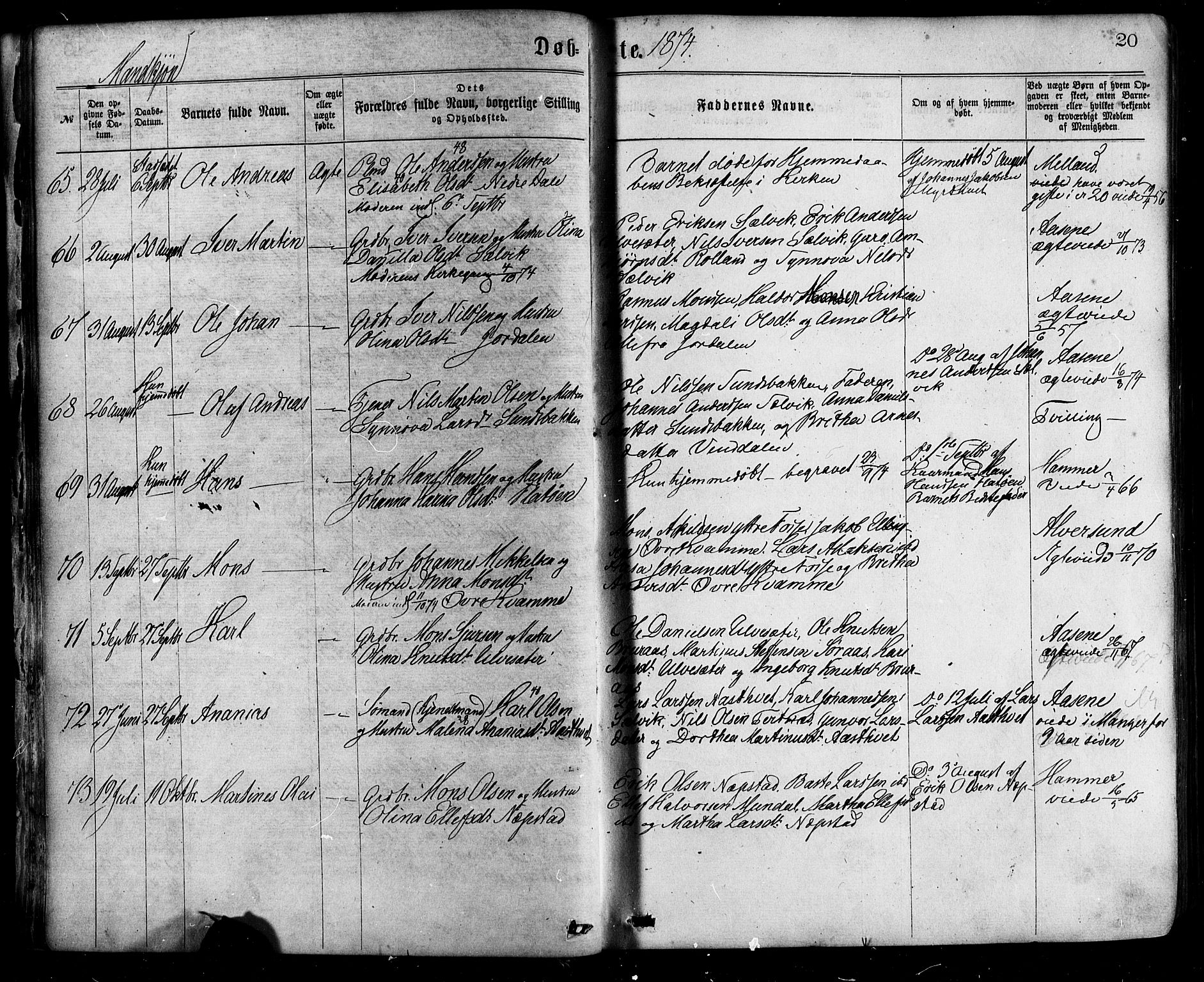 Hamre sokneprestembete, AV/SAB-A-75501/H/Ha/Haa/Haaa/L0015: Parish register (official) no. A 15, 1870-1881, p. 20