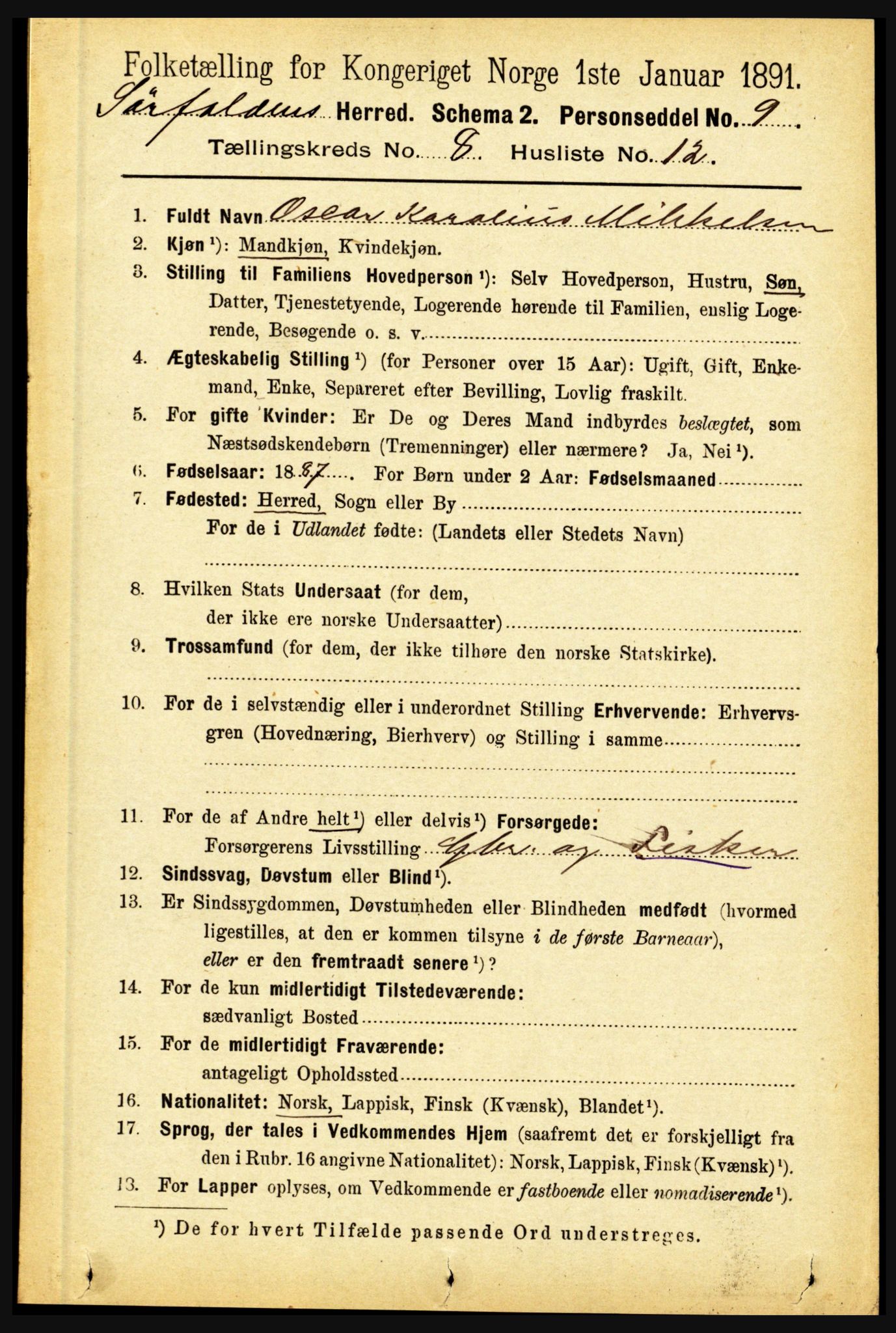 RA, 1891 census for 1845 Sørfold, 1891, p. 2638