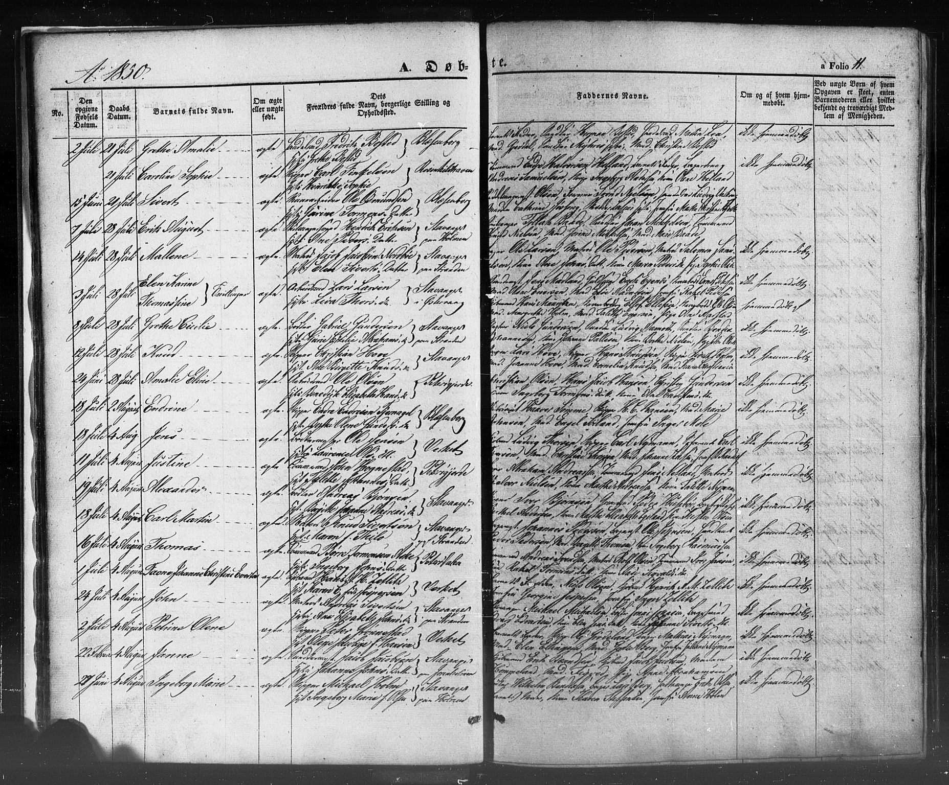 Domkirken sokneprestkontor, SAST/A-101812/001/30/30BB/L0009: Parish register (copy) no. B 9, 1850-1858, p. 11