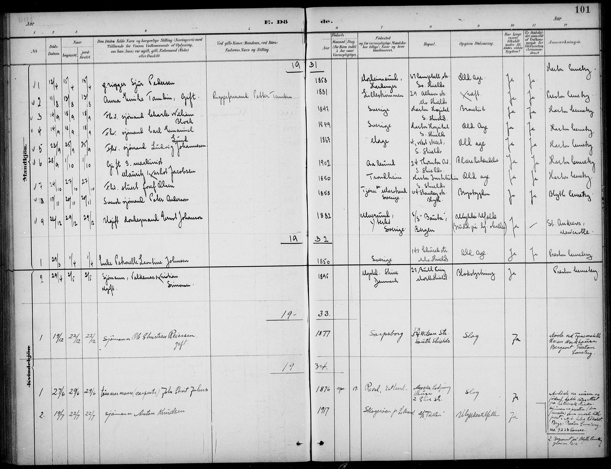 Den norske sjømannsmisjon i utlandet/Tyne-havnene (North Shields og New Castle), SAB/SAB/PA-0101/H/Ha/L0002: Parish register (official) no. A 2, 1883-1938, p. 101