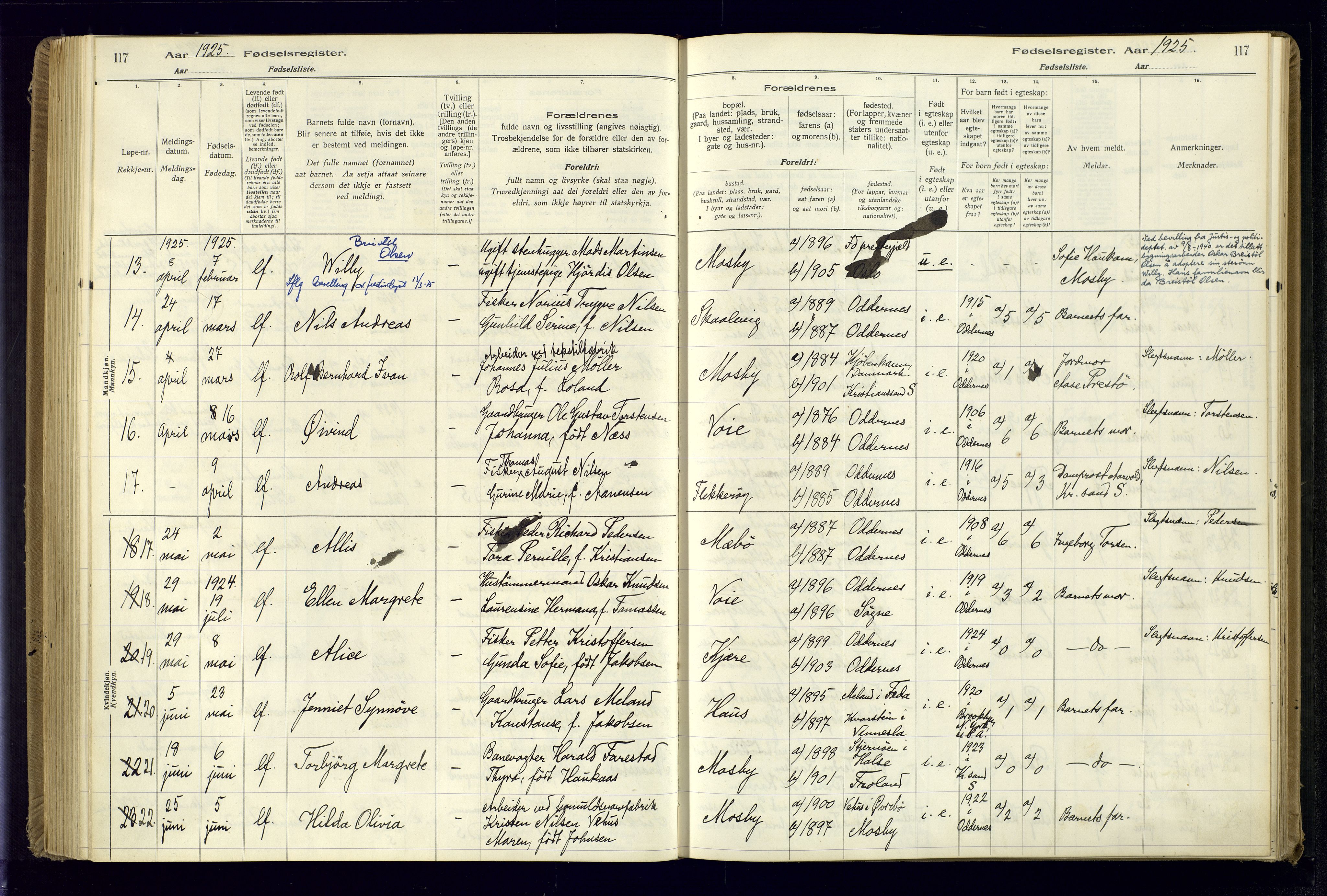 Oddernes sokneprestkontor, AV/SAK-1111-0033/J/Ja/L0001: Birth register no. 1, 1916-1935, p. 117