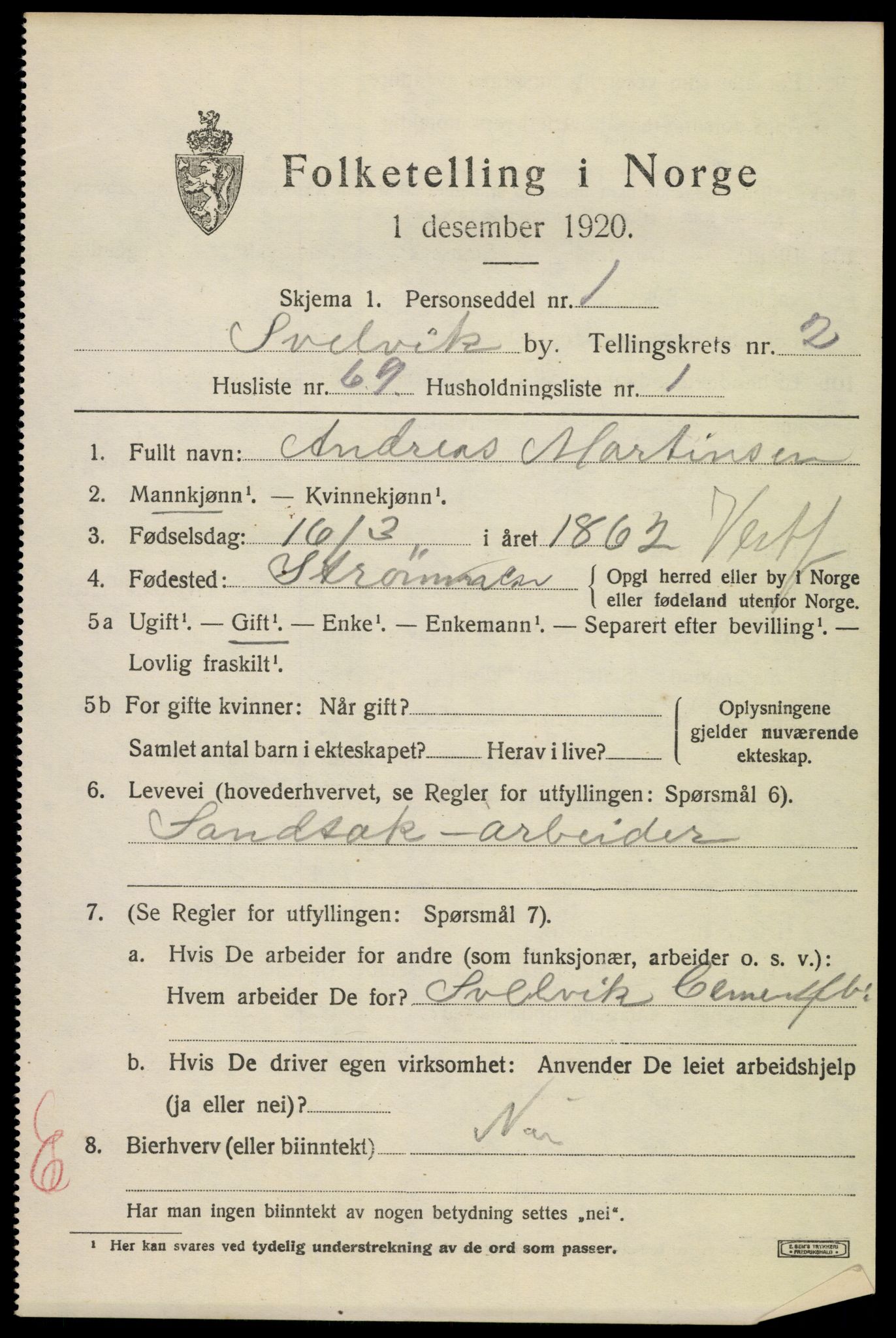 SAKO, 1920 census for Svelvik, 1920, p. 3109
