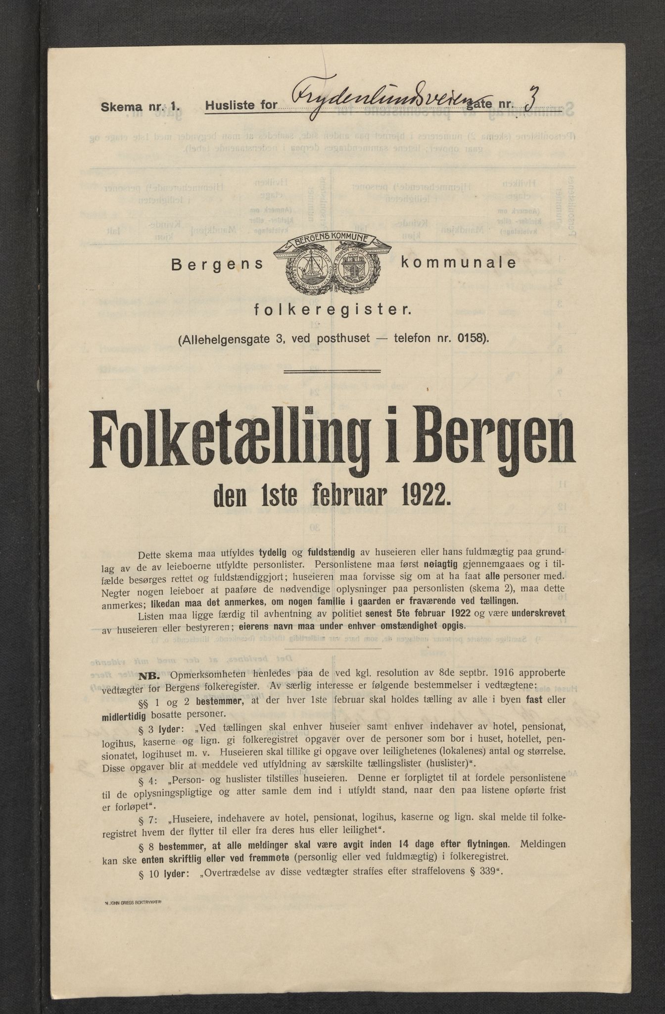 SAB, Municipal Census 1922 for Bergen, 1922, p. 10376