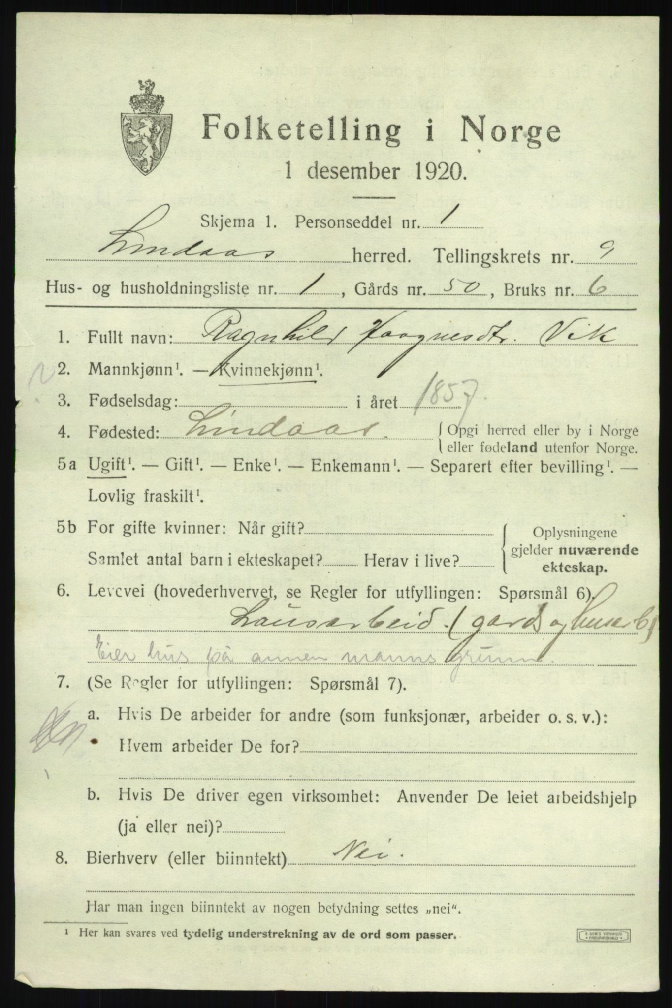 SAB, 1920 census for Lindås, 1920, p. 4785