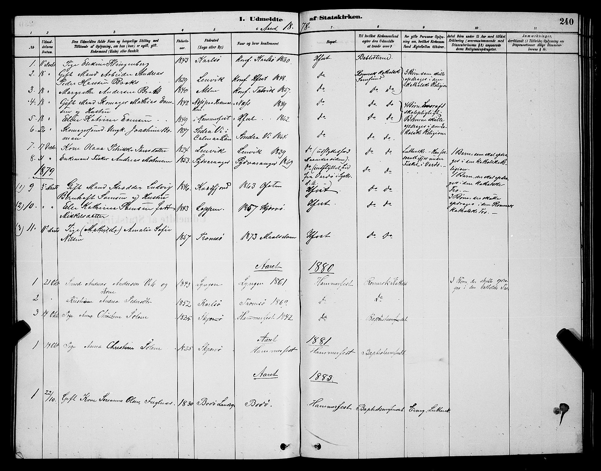 Hammerfest sokneprestkontor, SATØ/S-1347/H/Hb/L0006.klokk: Parish register (copy) no. 6, 1876-1884, p. 240