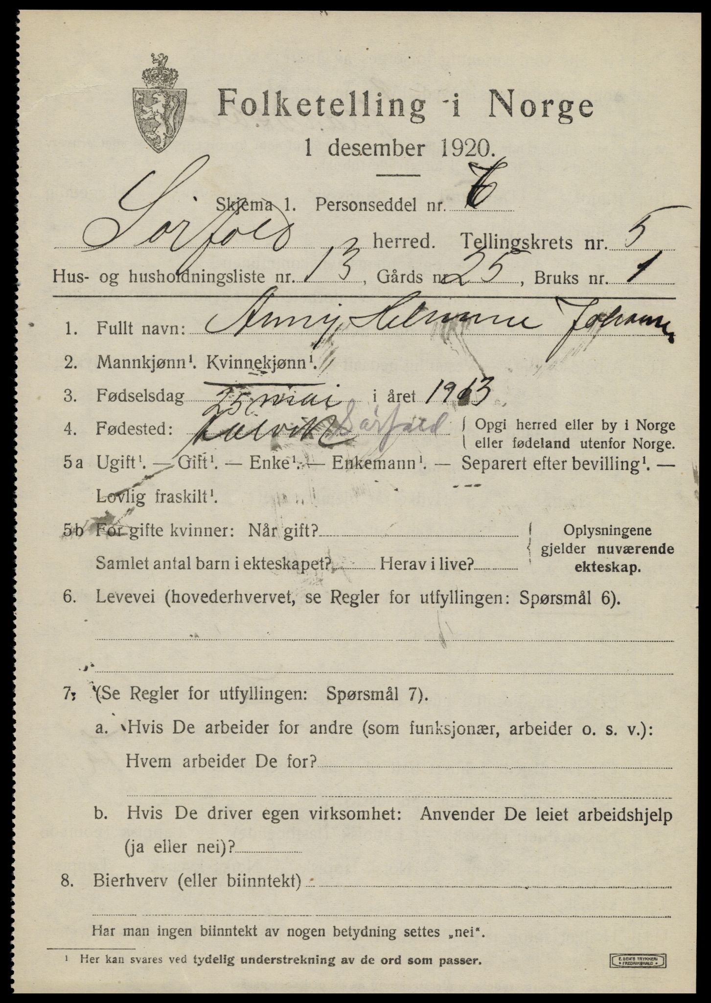 SAT, 1920 census for Sørfold, 1920, p. 3183