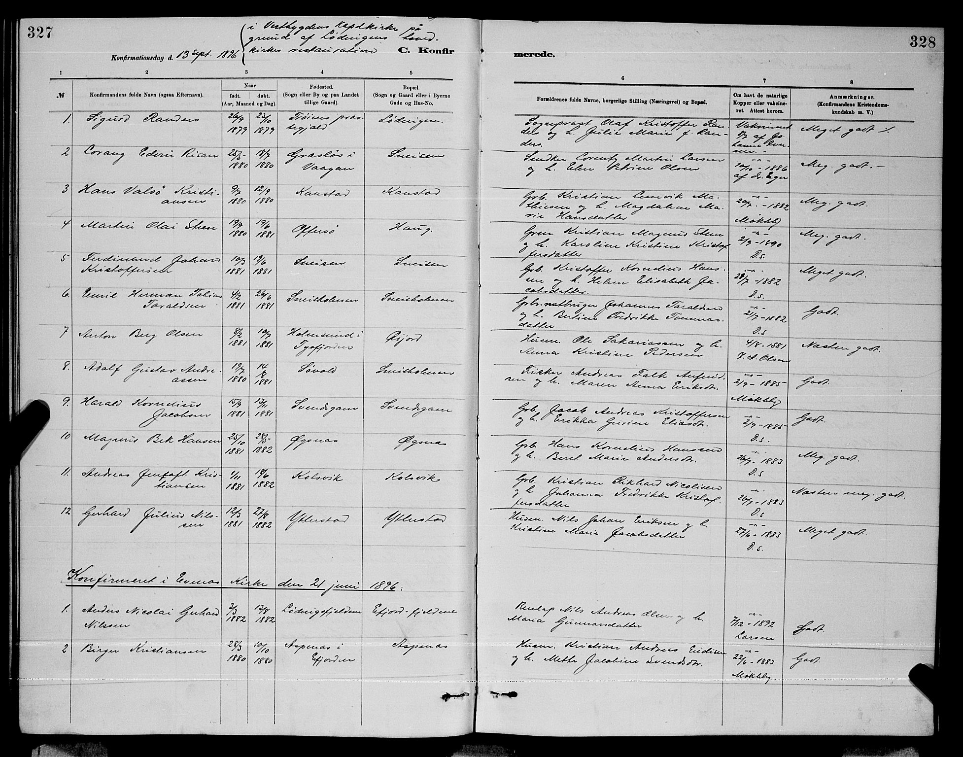 Ministerialprotokoller, klokkerbøker og fødselsregistre - Nordland, AV/SAT-A-1459/872/L1047: Parish register (copy) no. 872C03, 1880-1897, p. 327-328