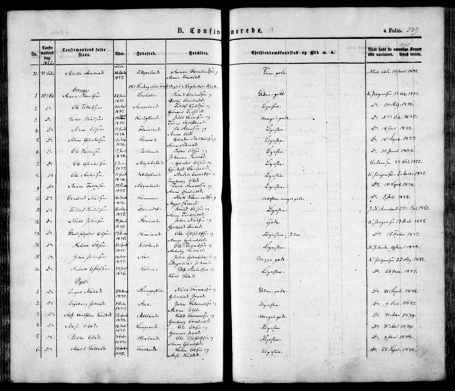 Evje sokneprestkontor, AV/SAK-1111-0008/F/Fa/Faa/L0005: Parish register (official) no. A 5, 1843-1865, p. 239