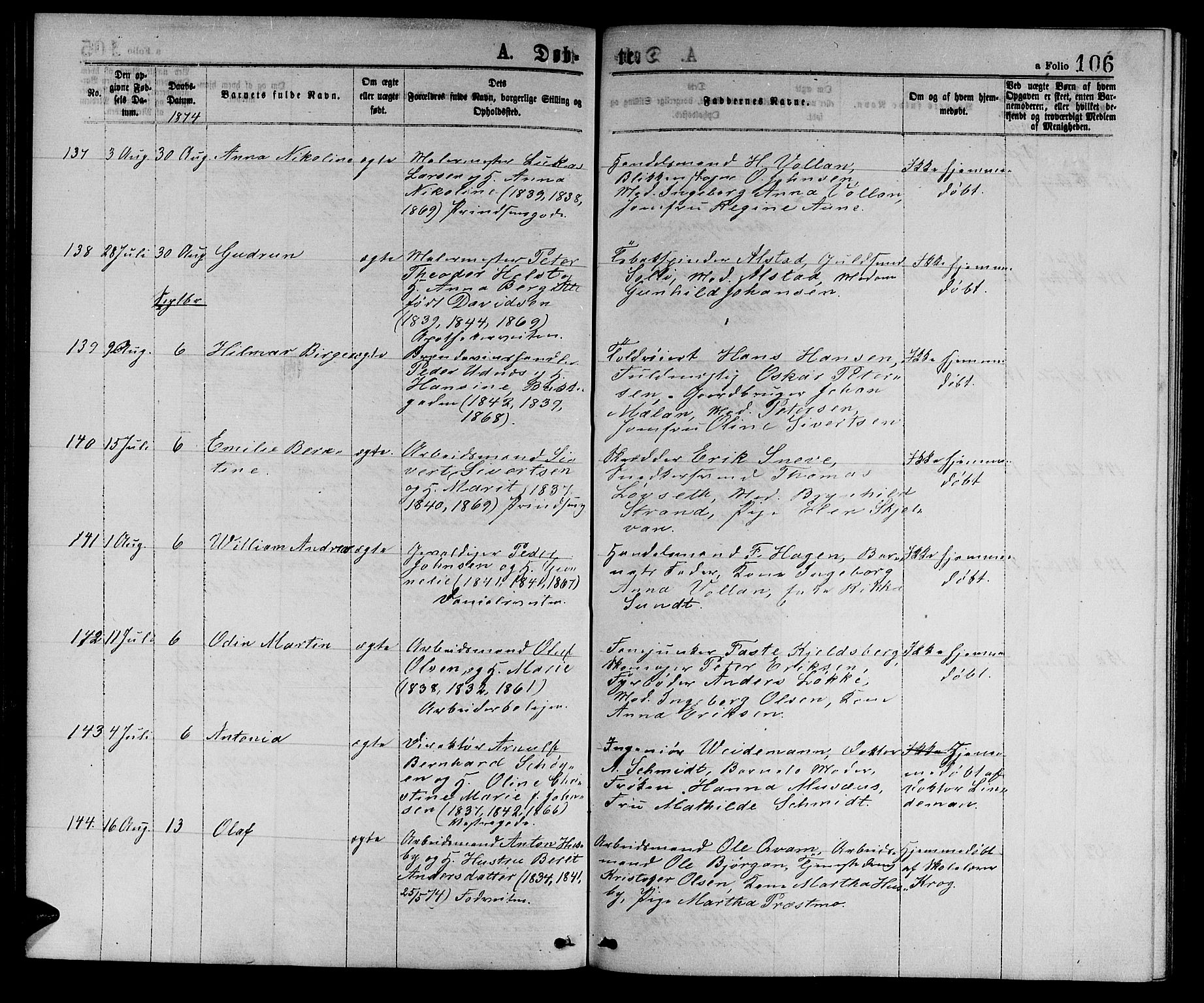 Ministerialprotokoller, klokkerbøker og fødselsregistre - Sør-Trøndelag, AV/SAT-A-1456/601/L0088: Parish register (copy) no. 601C06, 1870-1878, p. 106