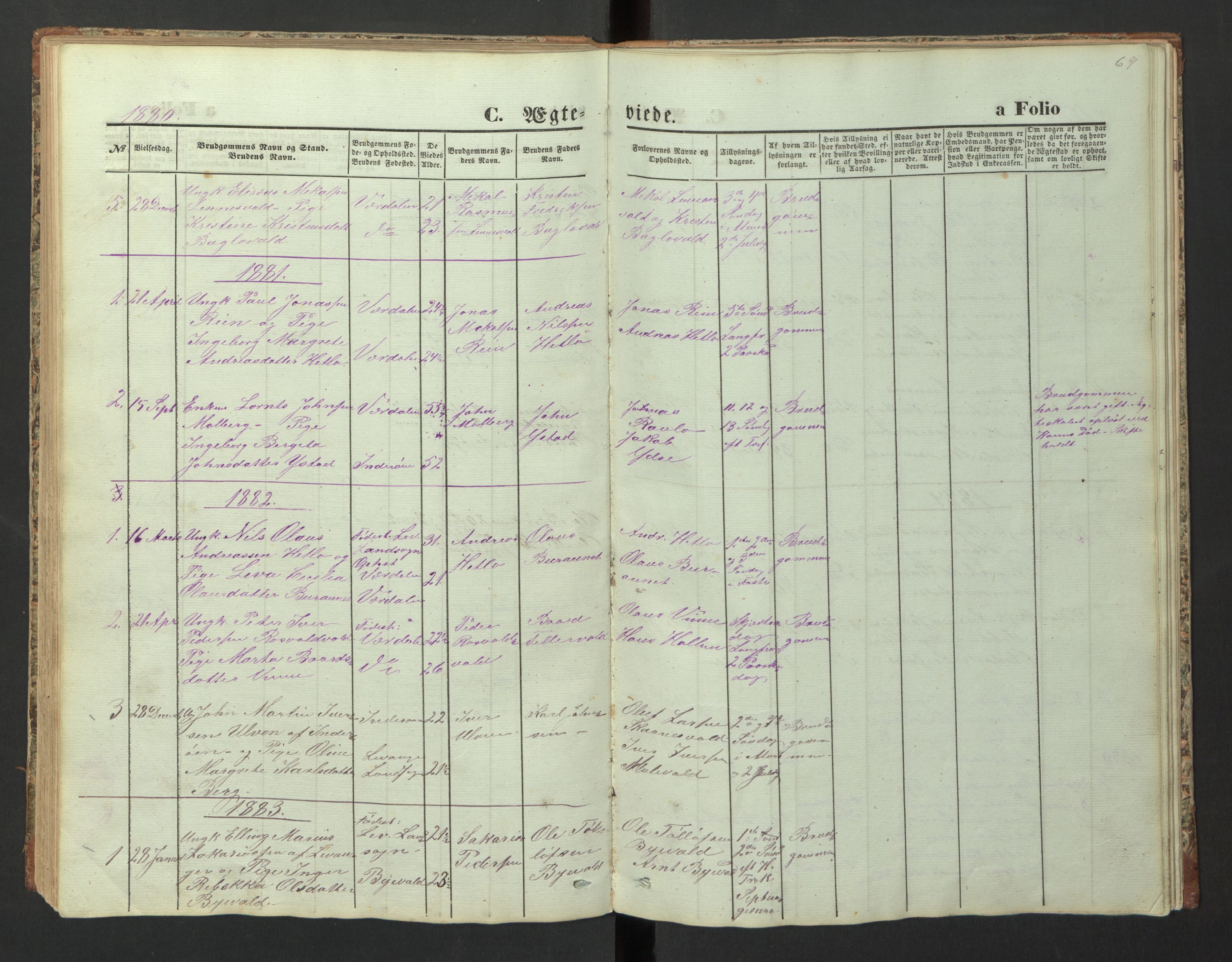 Ministerialprotokoller, klokkerbøker og fødselsregistre - Nord-Trøndelag, SAT/A-1458/726/L0271: Parish register (copy) no. 726C02, 1869-1897, p. 69